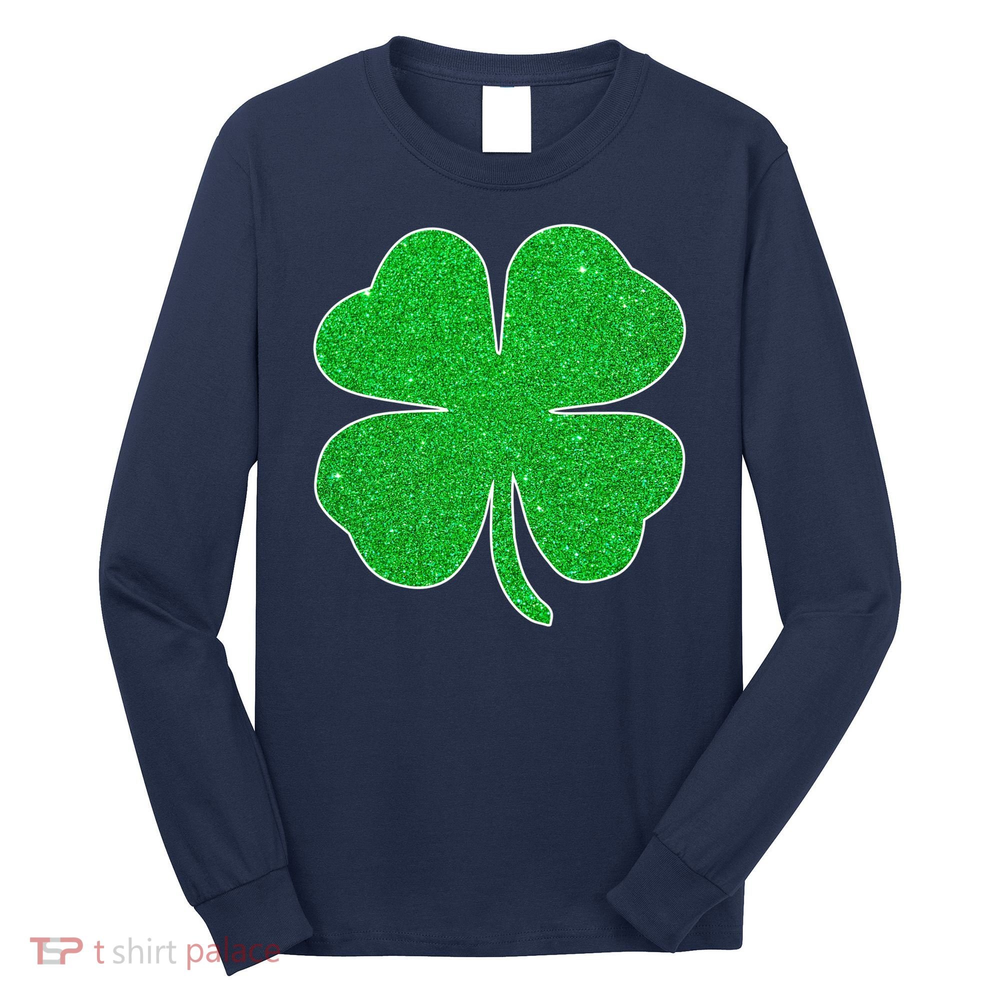 St. Patrick's Day Green Glitter Clover Shamrock Long Sleeve Shirt