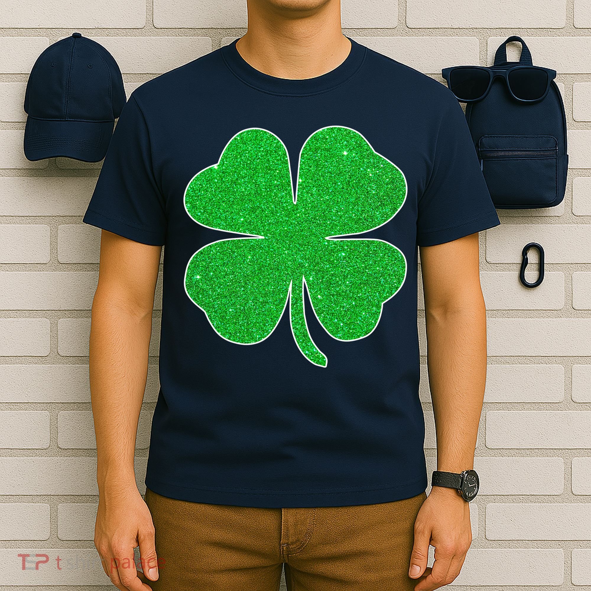 St. Patrick's Day Green Glitter Clover Shamrock T-Shirt