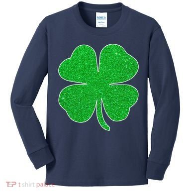 St. Patrick's Day Green Glitter Clover Shamrock Kids Long Sleeve Shirt