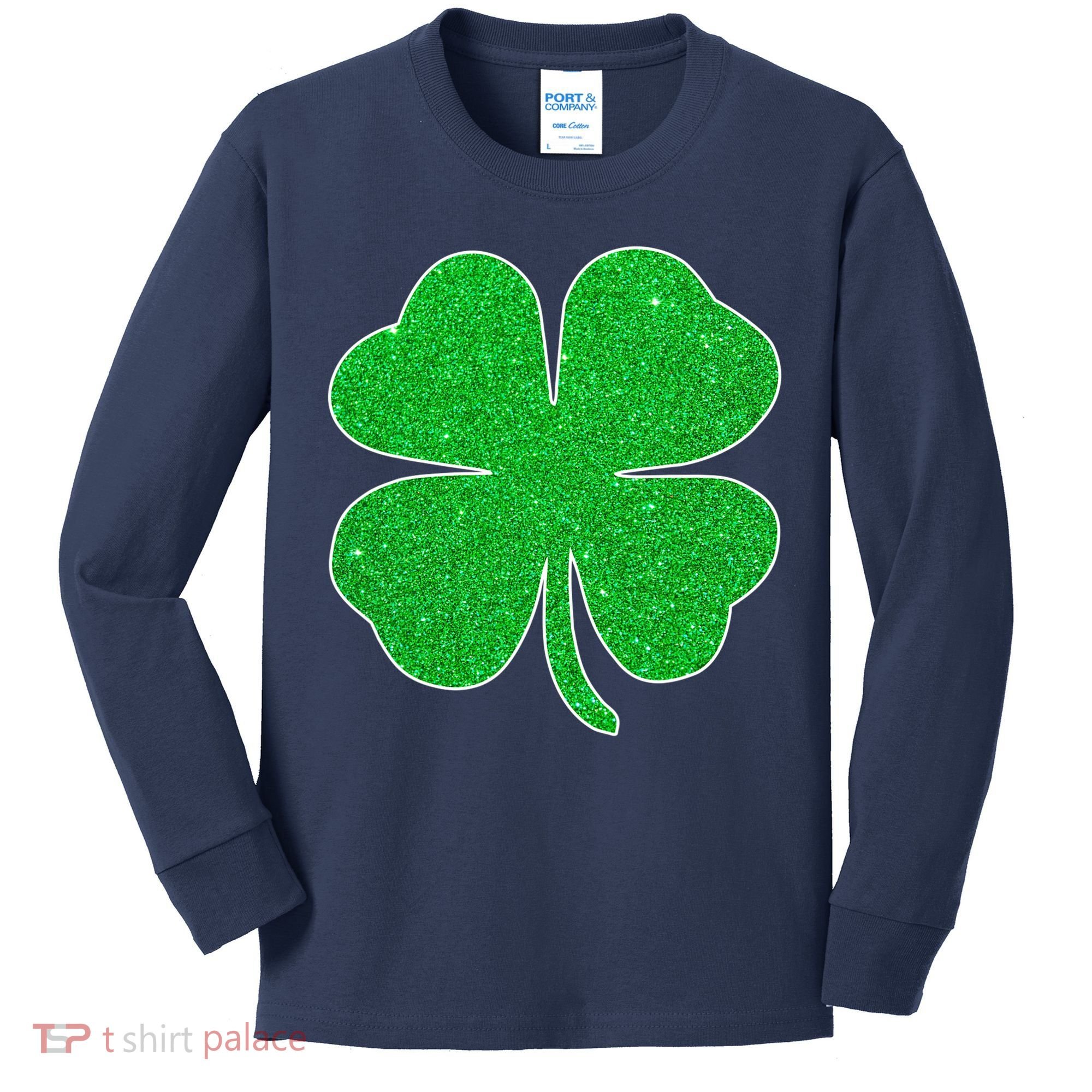 St. Patrick's Day Green Glitter Clover Shamrock Kids Long Sleeve Shirt