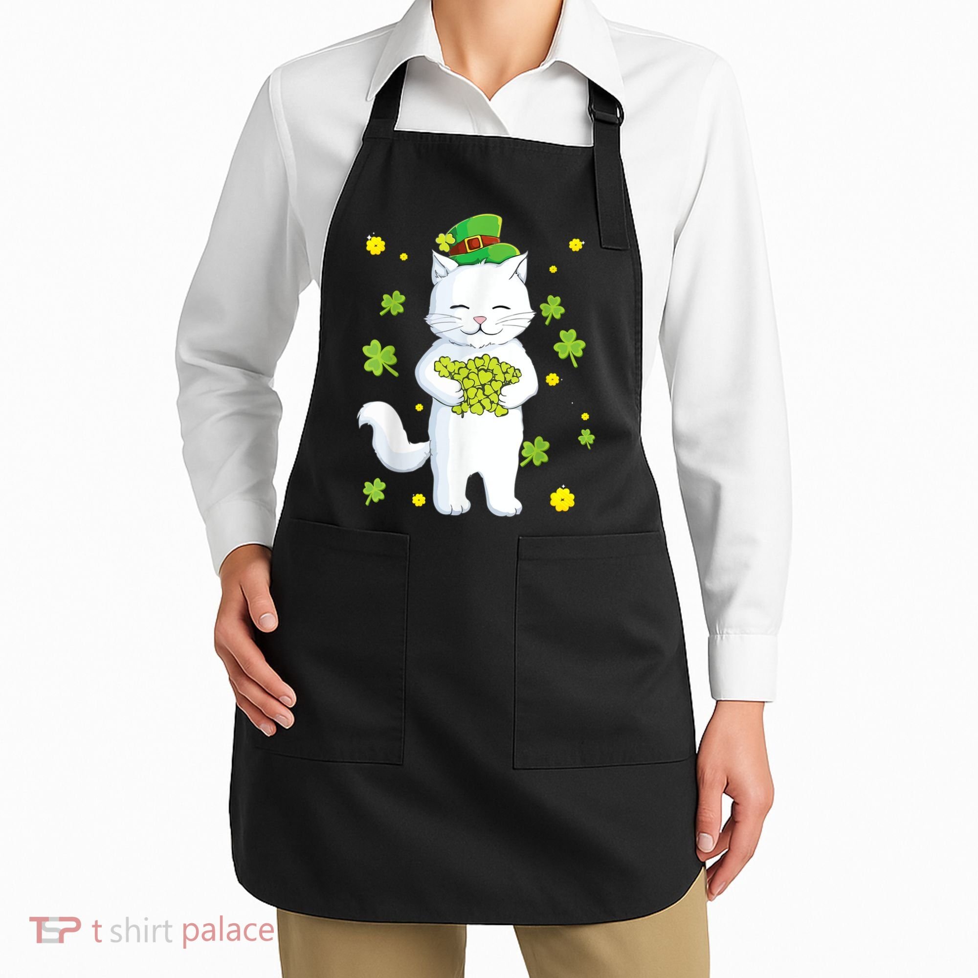 St Patrick's Day Cat Leprechaun Cat Lover Shamrock Apron