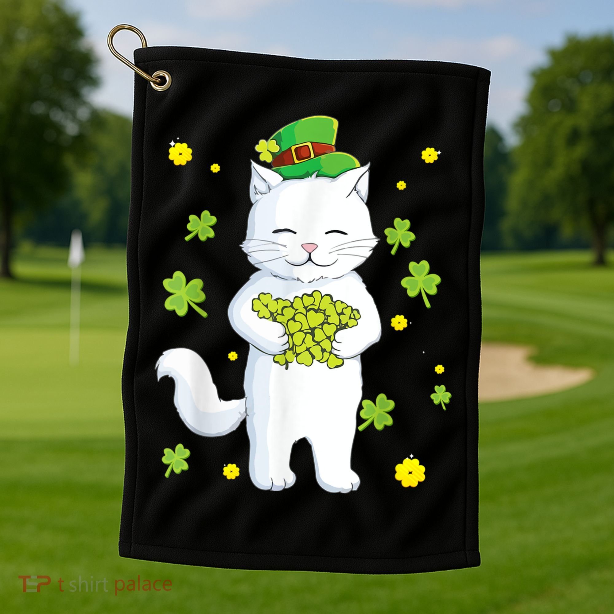 St Patrick's Day Cat Leprechaun Cat Lover Shamrock Golf Towel