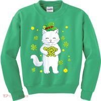 St Patrick's Day Cat Leprechaun Cat Lover Shamrock Kids Sweatshirt thumb 0