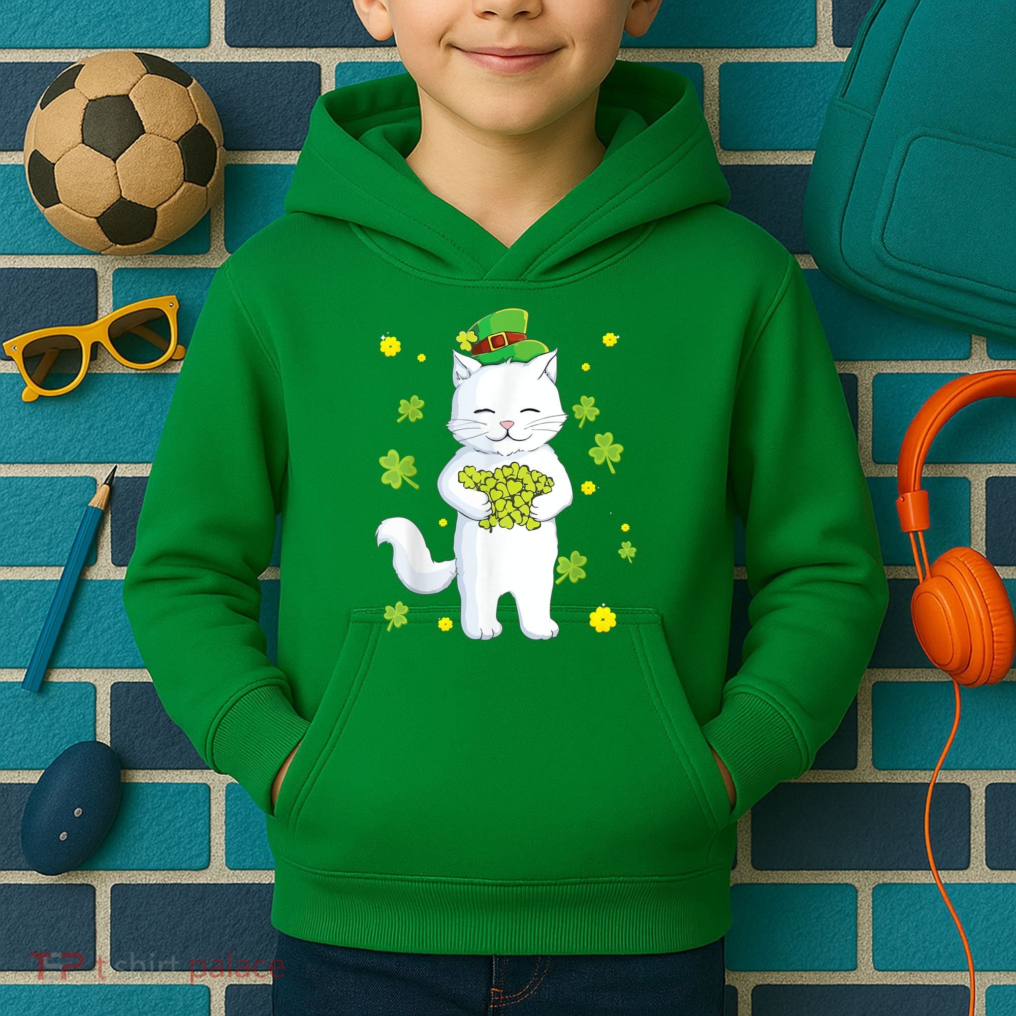 St Patrick's Day Cat Leprechaun Cat Lover Shamrock Kids Hoodie