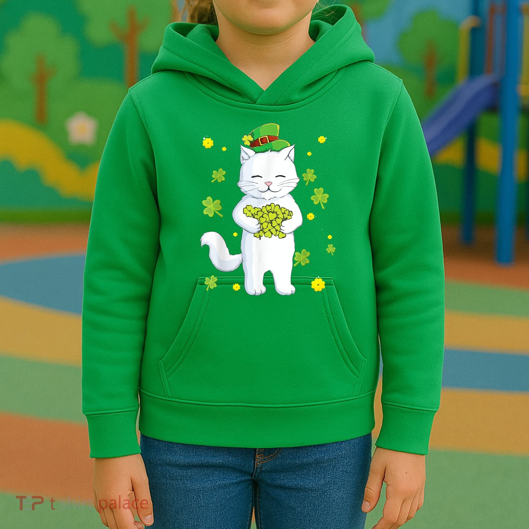St Patrick's Day Cat Leprechaun Cat Lover Shamrock Kids Hoodie