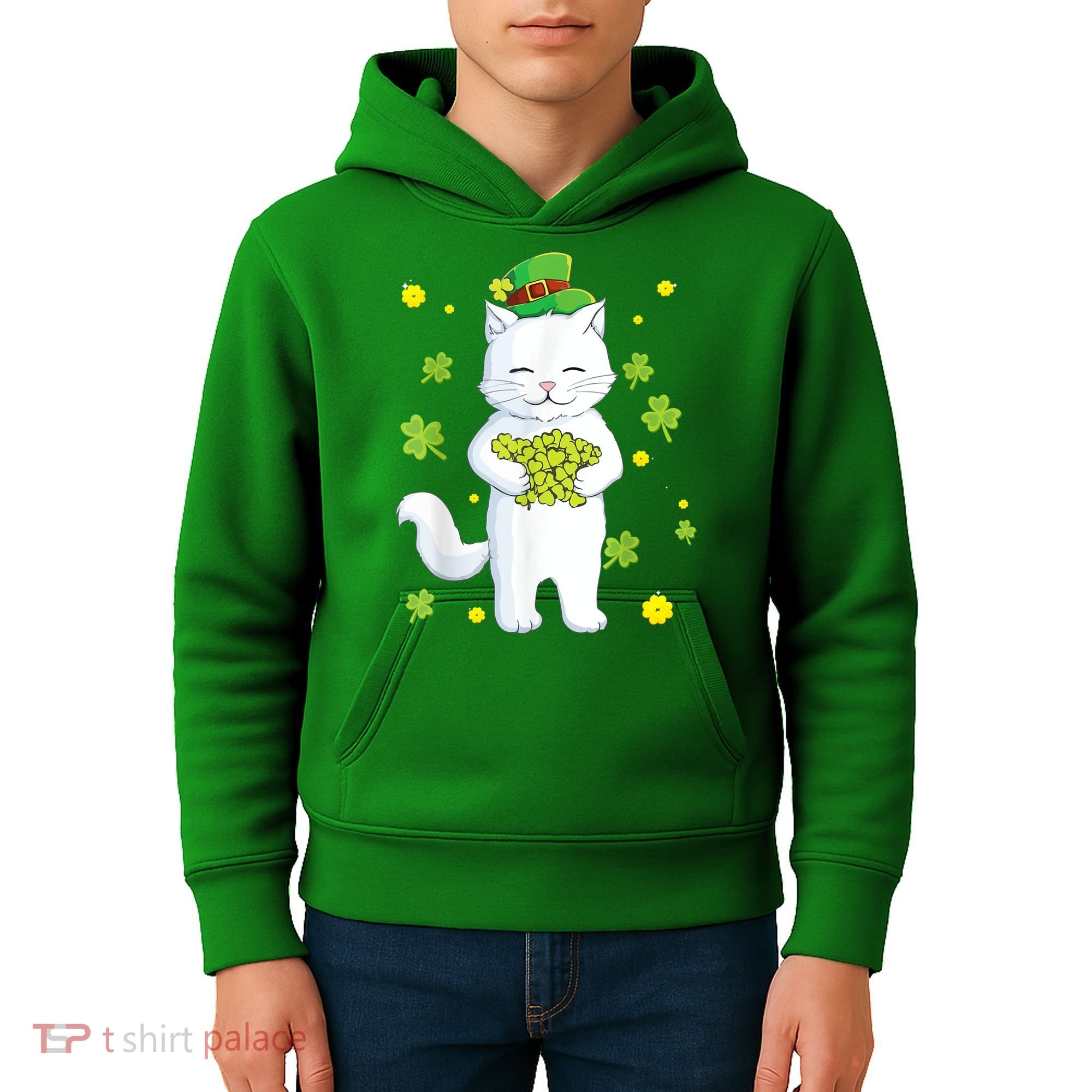 St Patrick's Day Cat Leprechaun Cat Lover Shamrock Kids Hoodie