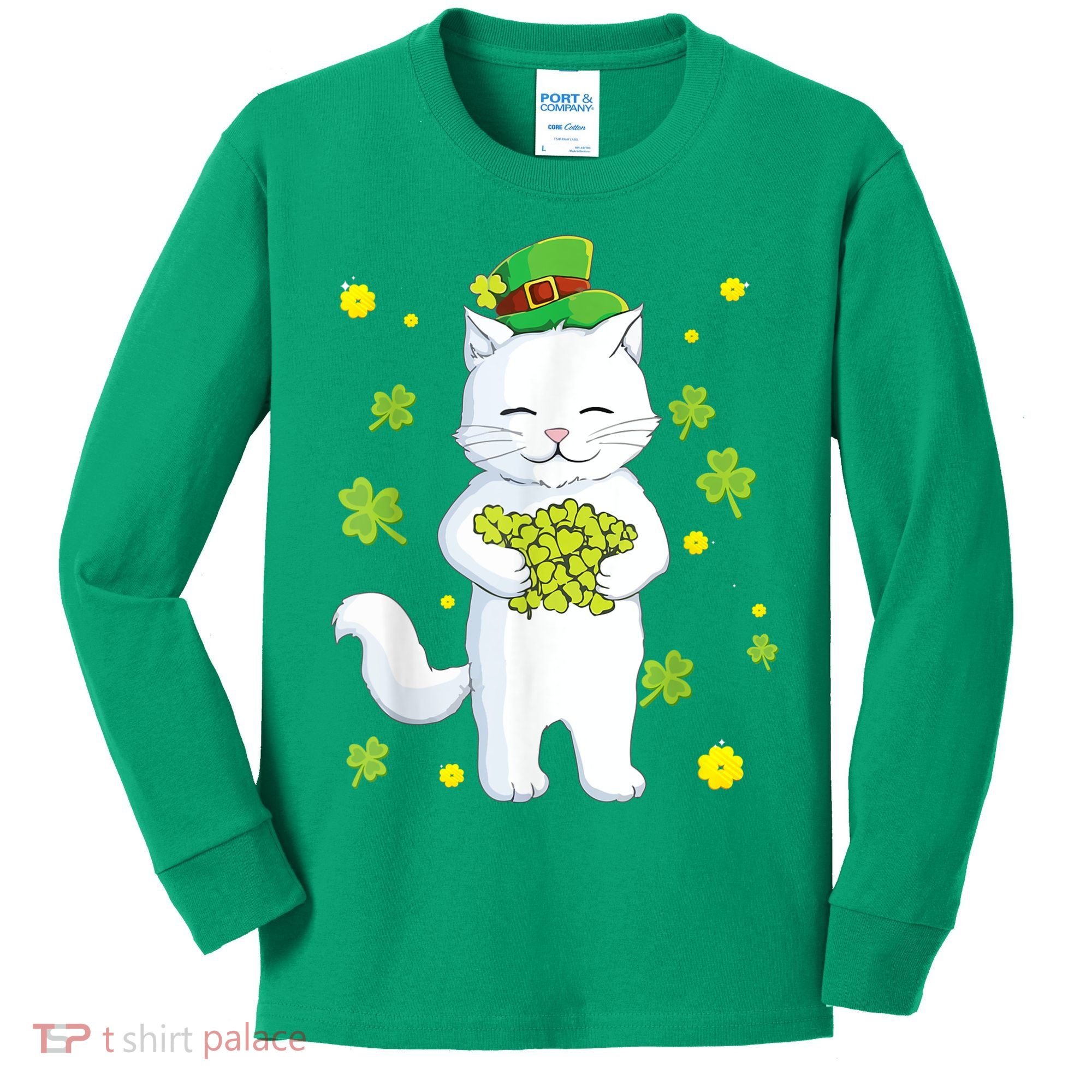 St Patrick's Day Cat Leprechaun Cat Lover Shamrock Kids Long Sleeve Shirt