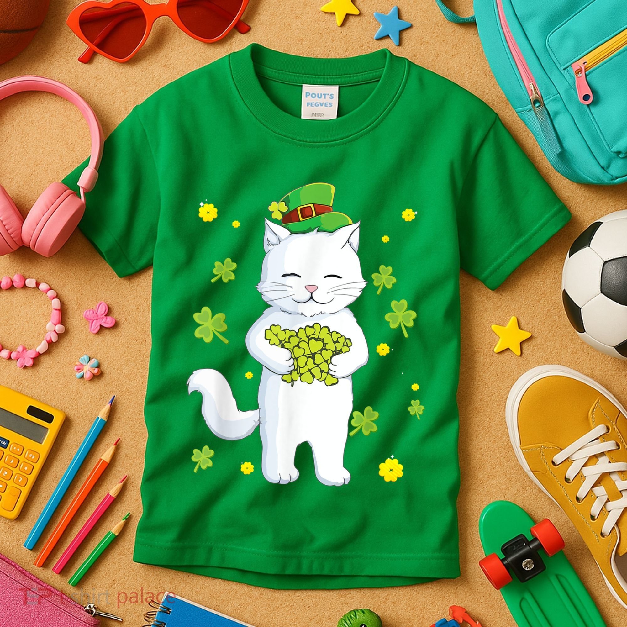 St Patrick's Day Cat Leprechaun Cat Lover Shamrock Kids T-Shirt