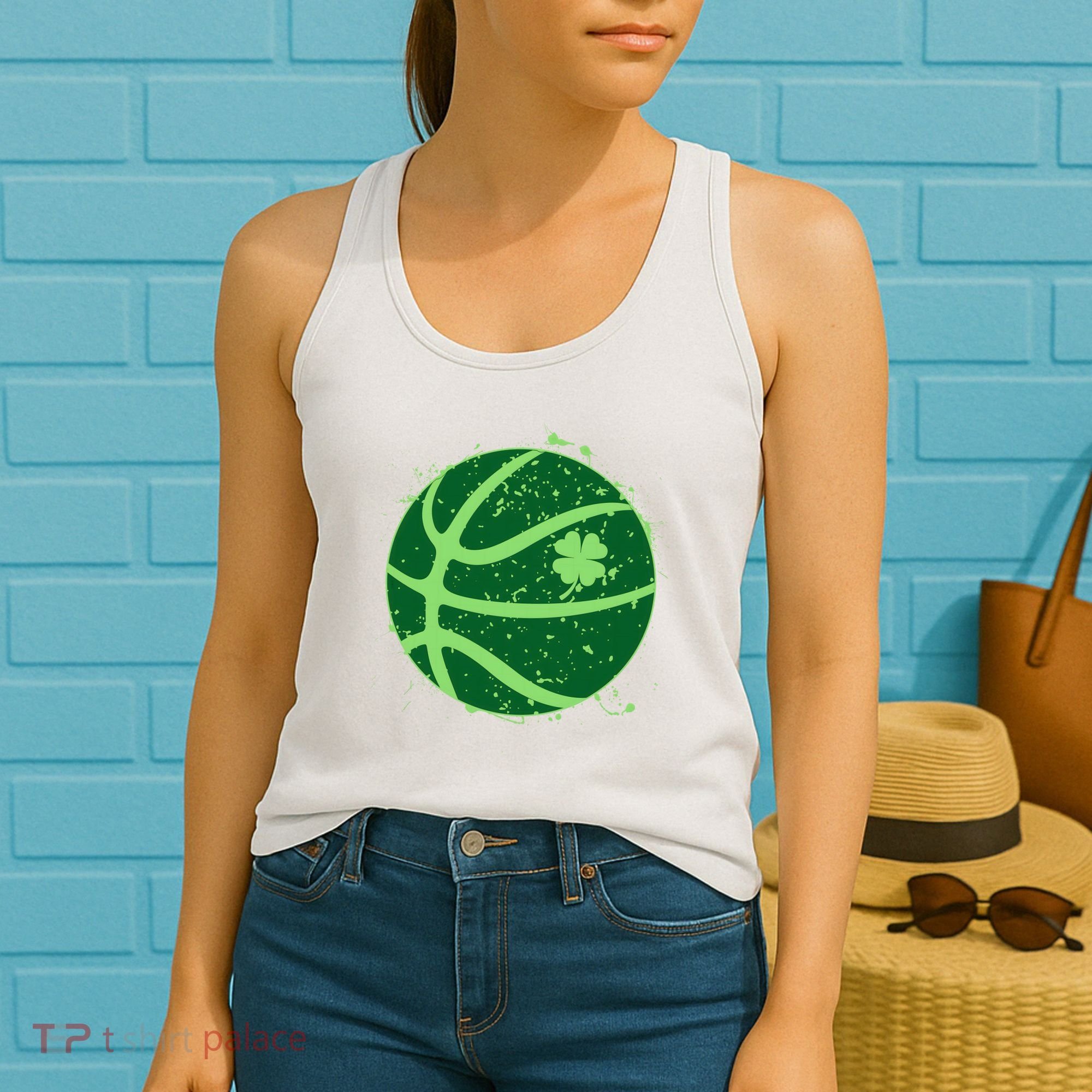 St Patrick's Day Lucky Shamrock Paint Splat Basketball Women's Tank Top