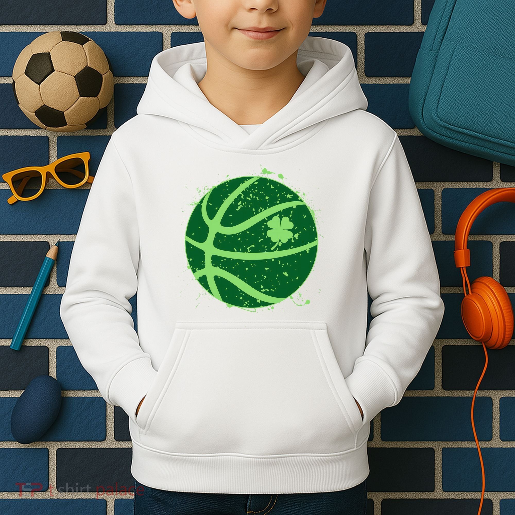 St Patrick's Day Lucky Shamrock Paint Splat Basketball Kids Hoodie