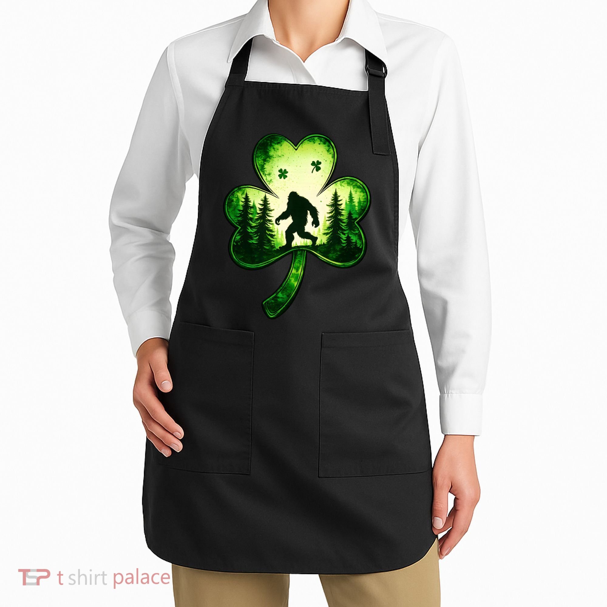 St Patricks Day Bigfoot Sasquatch Irish Clover Shamrock Apron