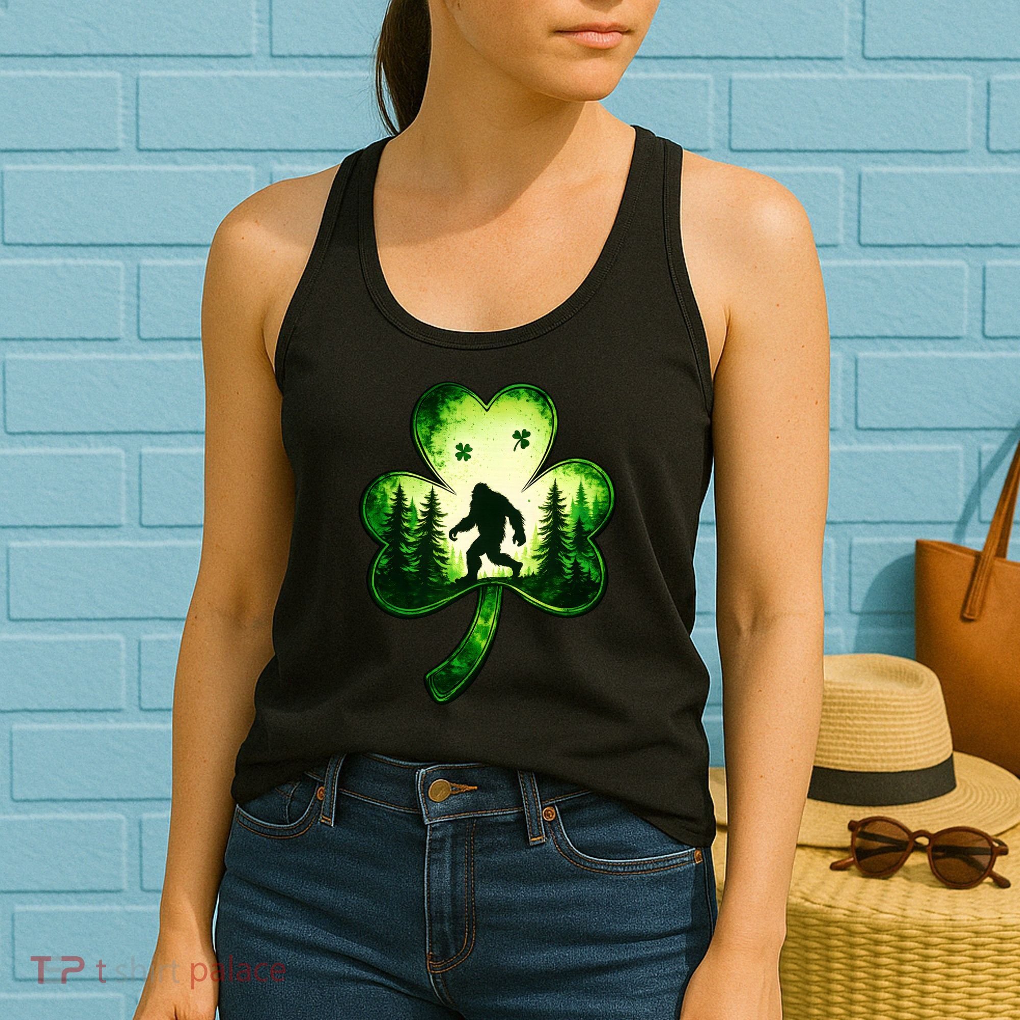 St Patricks Day Bigfoot Sasquatch Irish Clover Shamrock Women's Tank Top