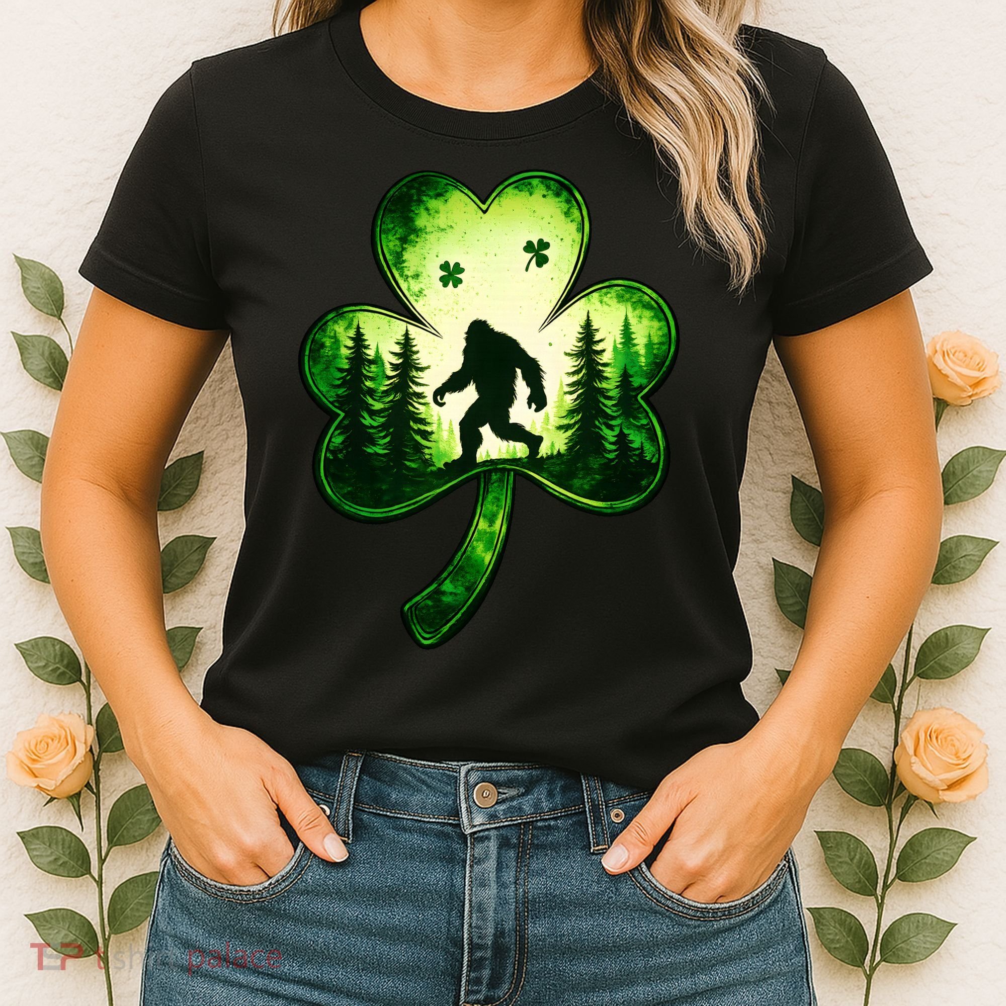 St Patricks Day Bigfoot Sasquatch Irish Clover Shamrock Women's T-Shirt