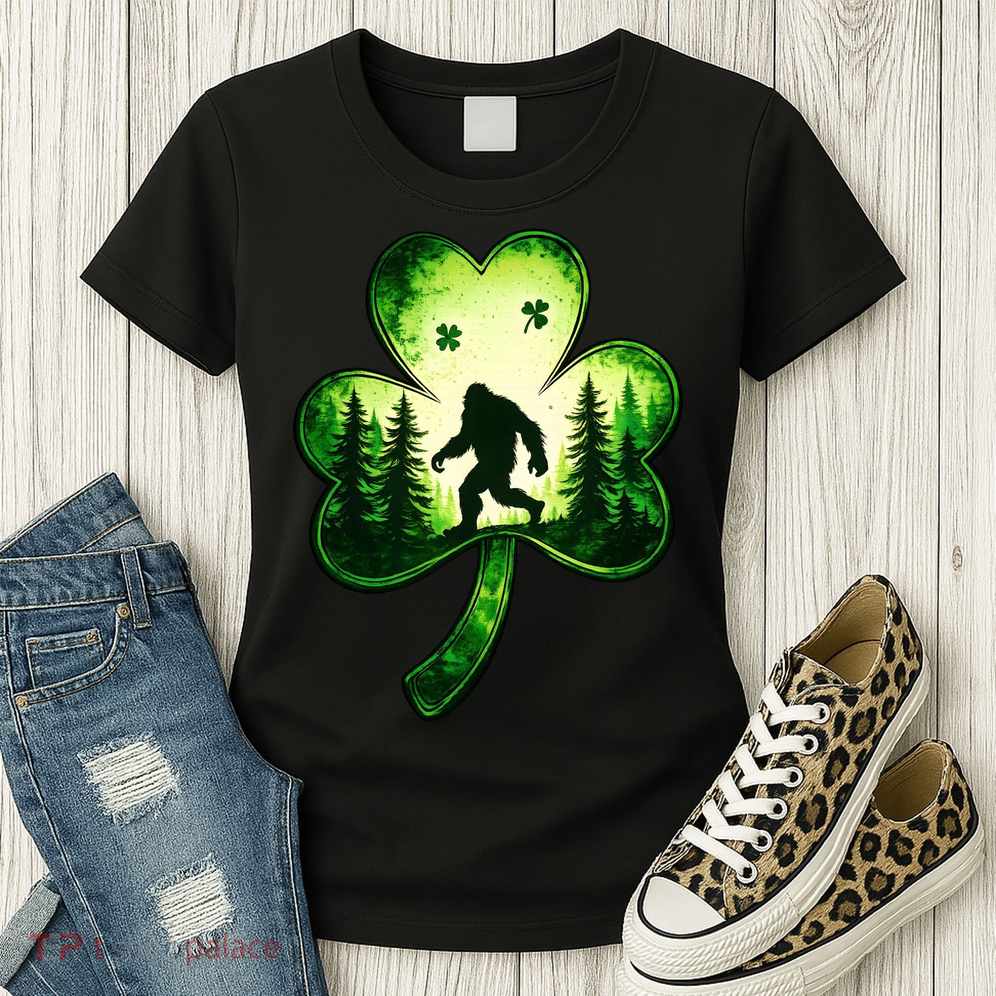 St Patricks Day Bigfoot Sasquatch Irish Clover Shamrock Women's T-Shirt