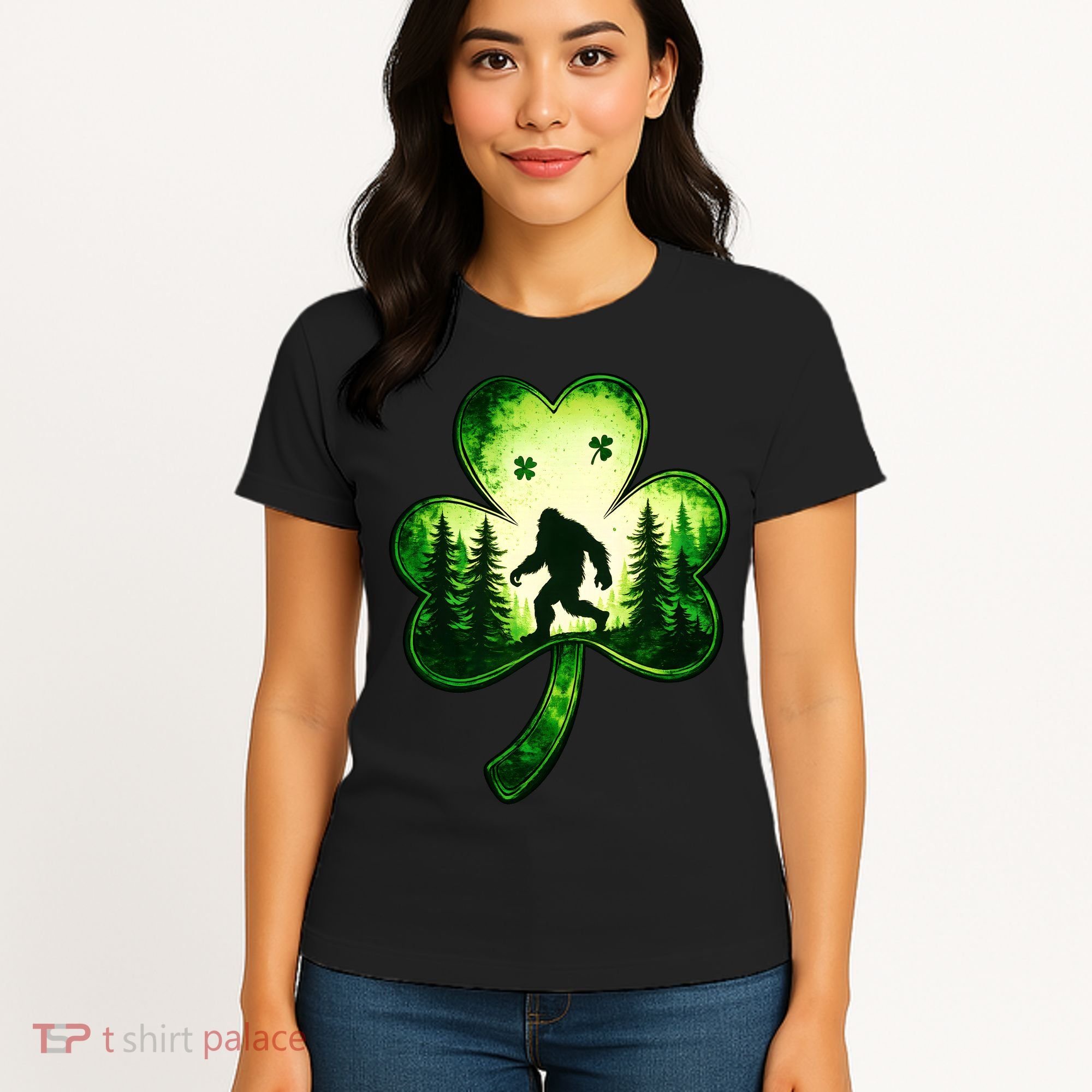 St Patricks Day Bigfoot Sasquatch Irish Clover Shamrock Women's T-Shirt