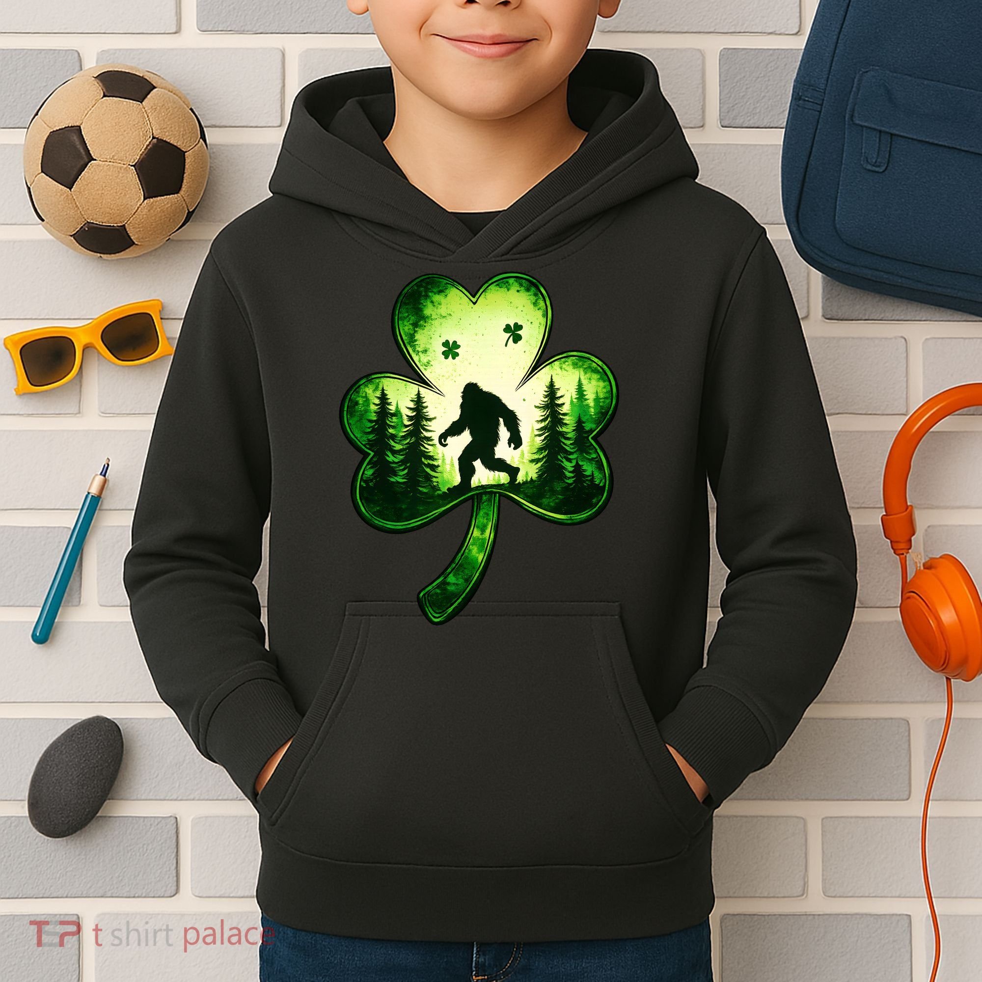 St Patricks Day Bigfoot Sasquatch Irish Clover Shamrock Kids Hoodie