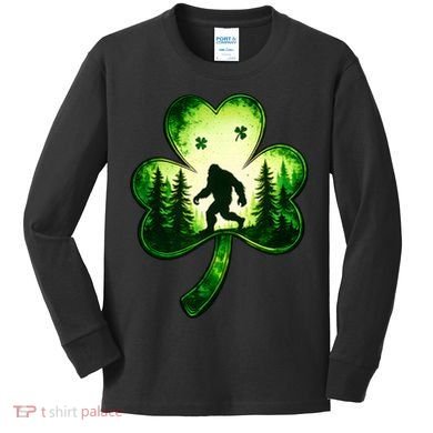St Patricks Day Bigfoot Sasquatch Irish Clover Shamrock Kids Long Sleeve Shirt