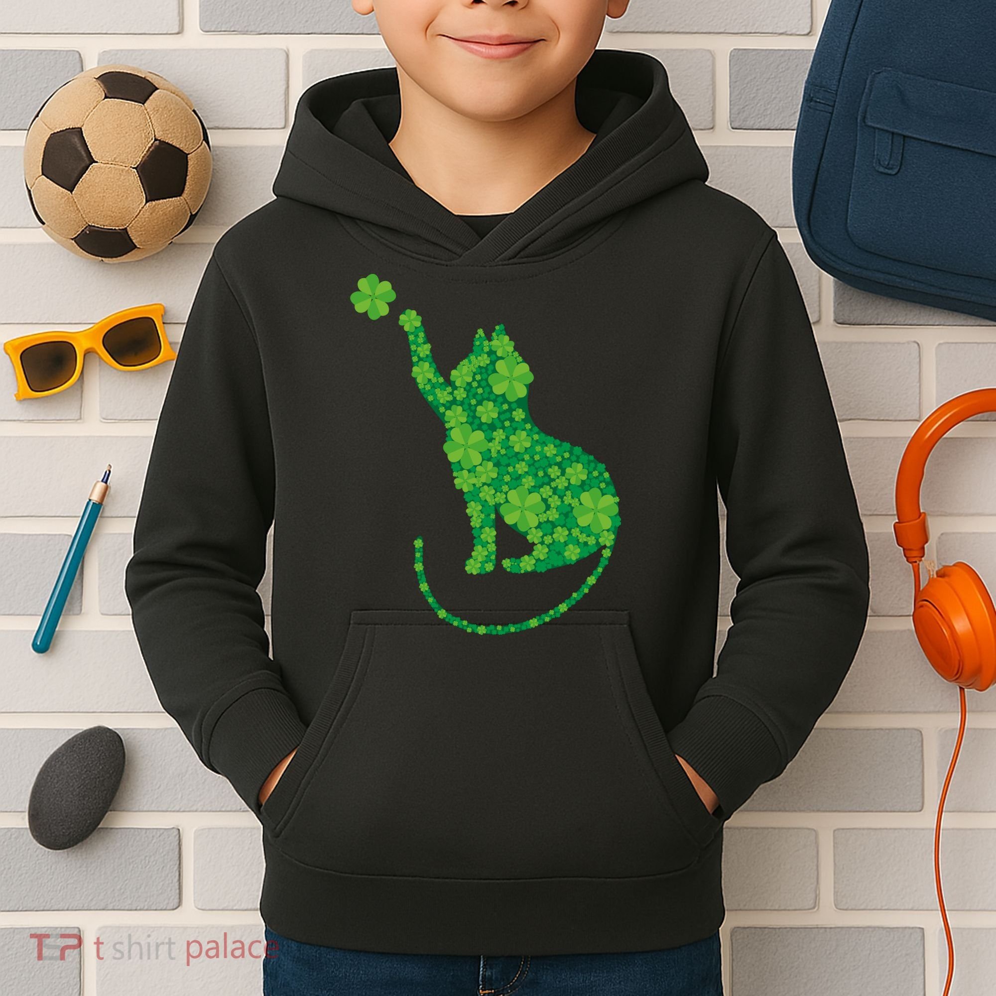 St Patricks Day, Cat St Patricks Day, Cat Shamrock Kids Hoodie