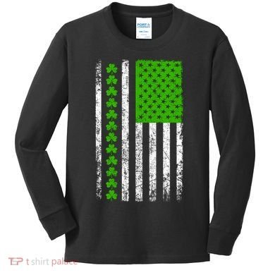 St Patricks Day American Flag Clovers Kids Long Sleeve Shirt