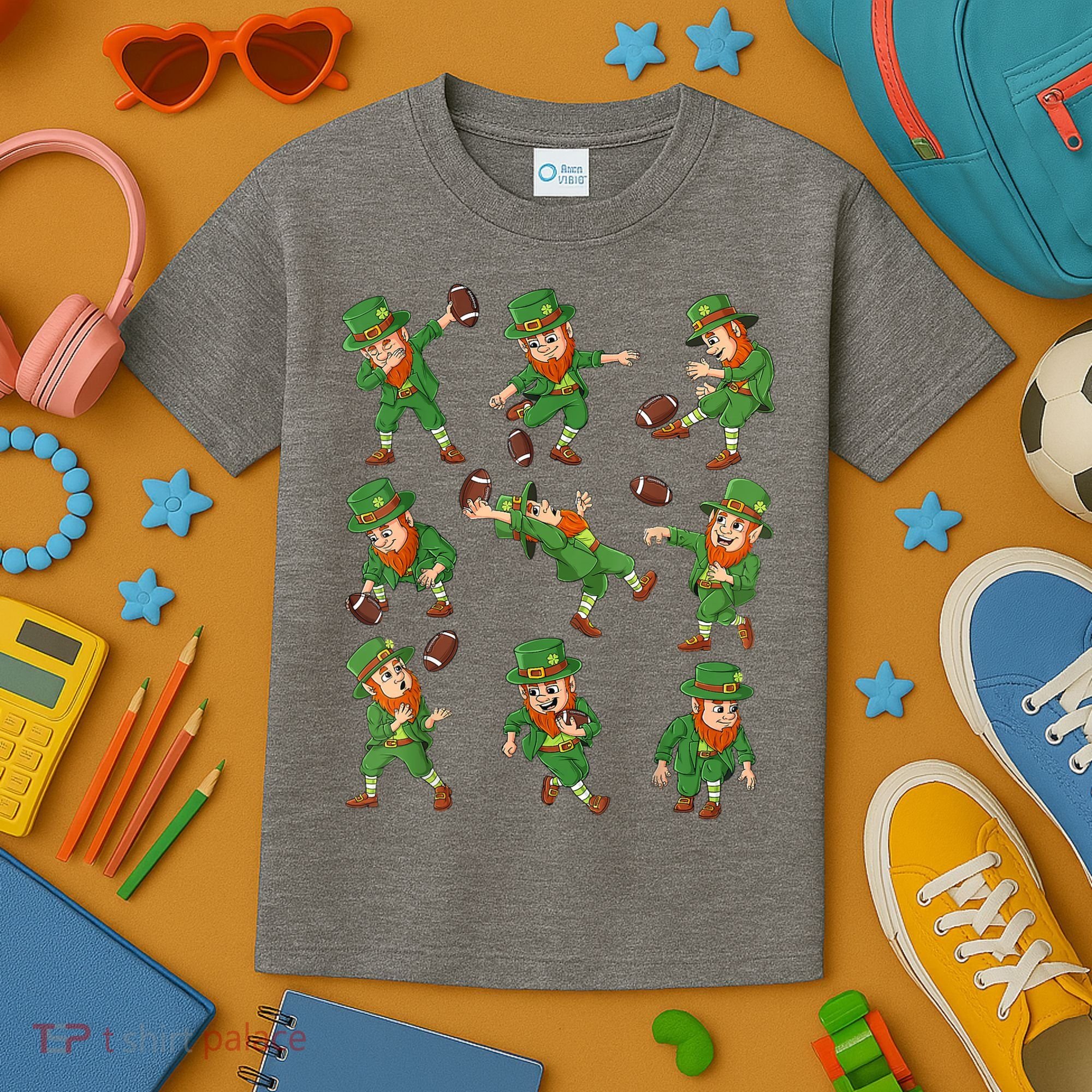 St Patricks Day Leprechaun Football Player Funny Kids T-Shirt