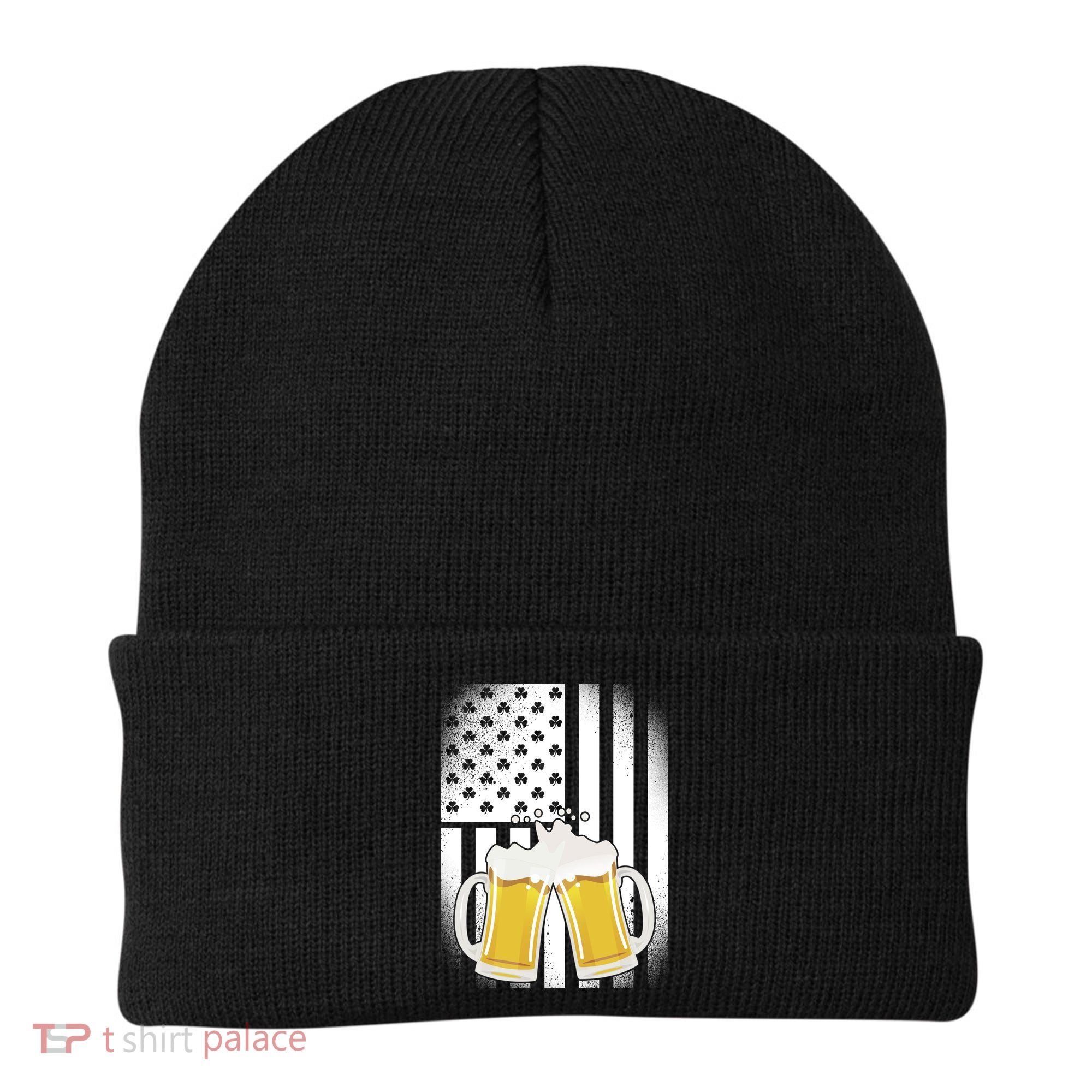 St. Patricks Day Beer Shamrock American Flag Beanie