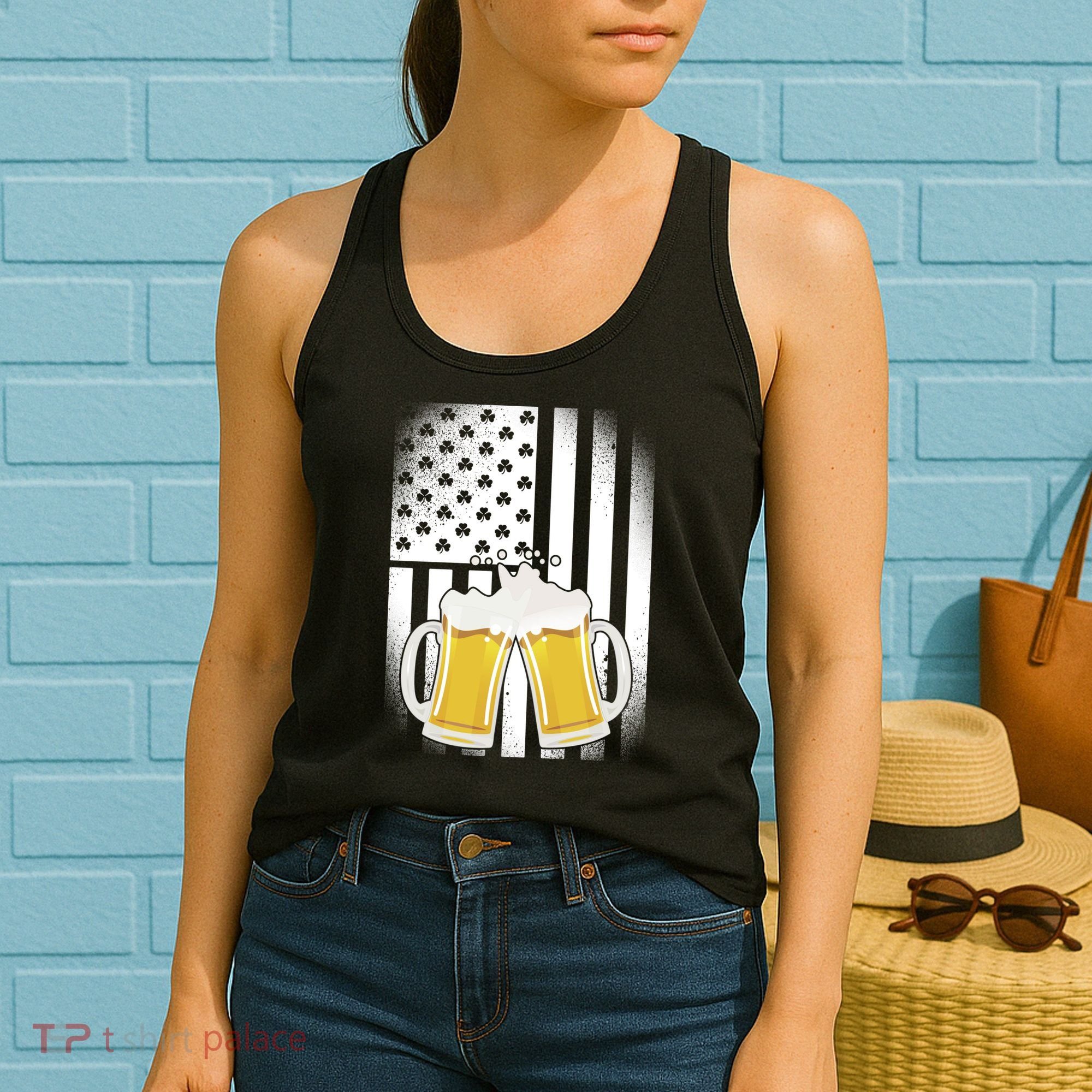 St. Patricks Day Beer Shamrock American Flag Women's Tank Top