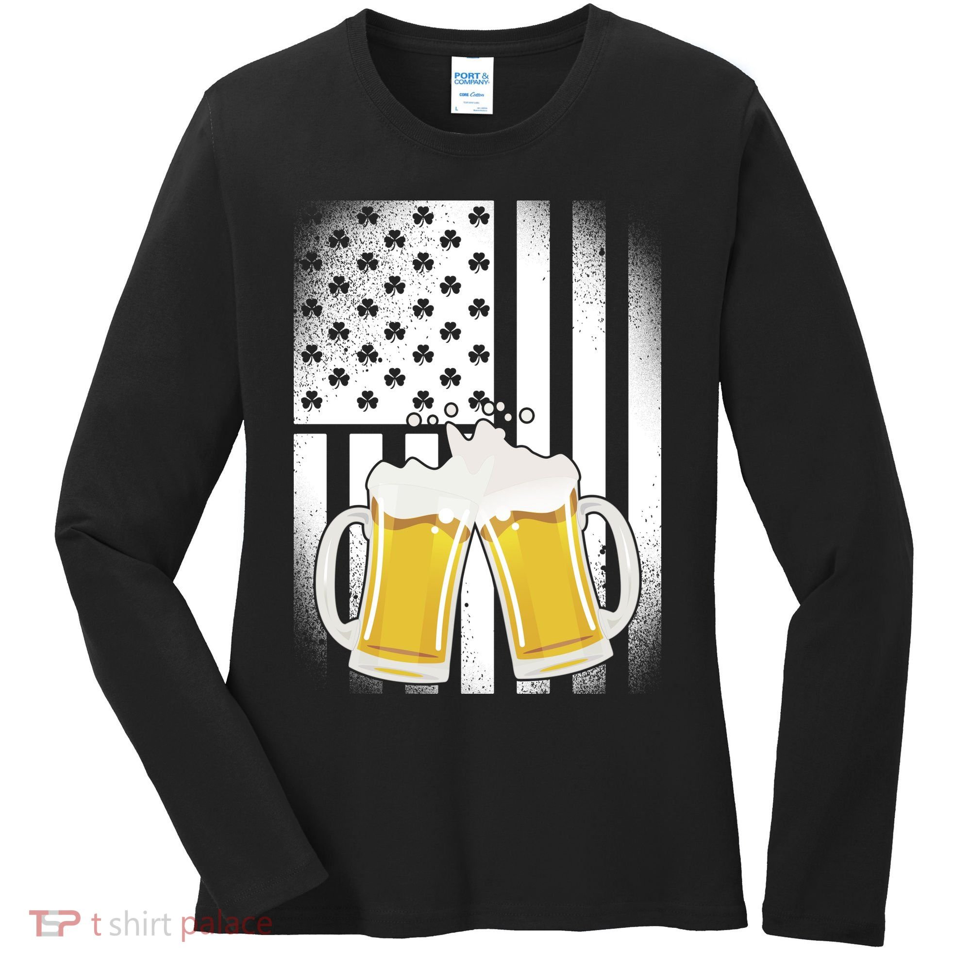 St. Patricks Day Beer Shamrock American Flag Women's Long Sleeve Shirt