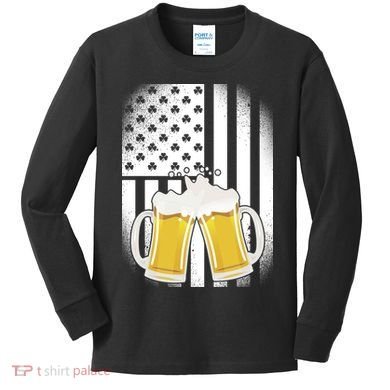 St. Patricks Day Beer Shamrock American Flag Kids Long Sleeve Shirt
