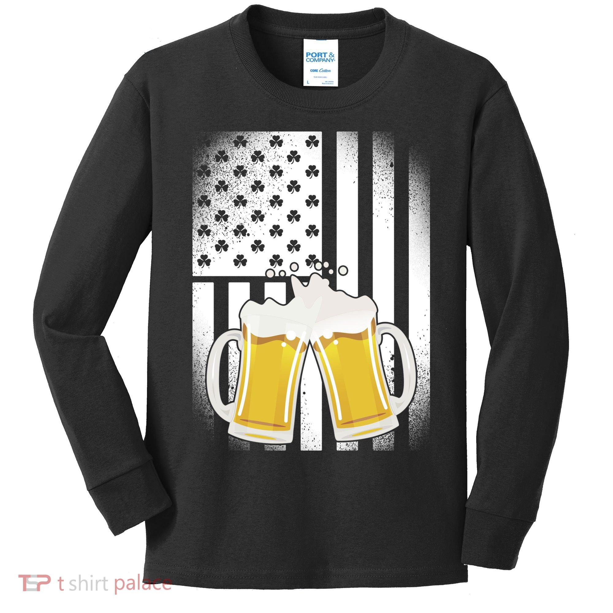 St. Patricks Day Beer Shamrock American Flag Kids Long Sleeve Shirt
