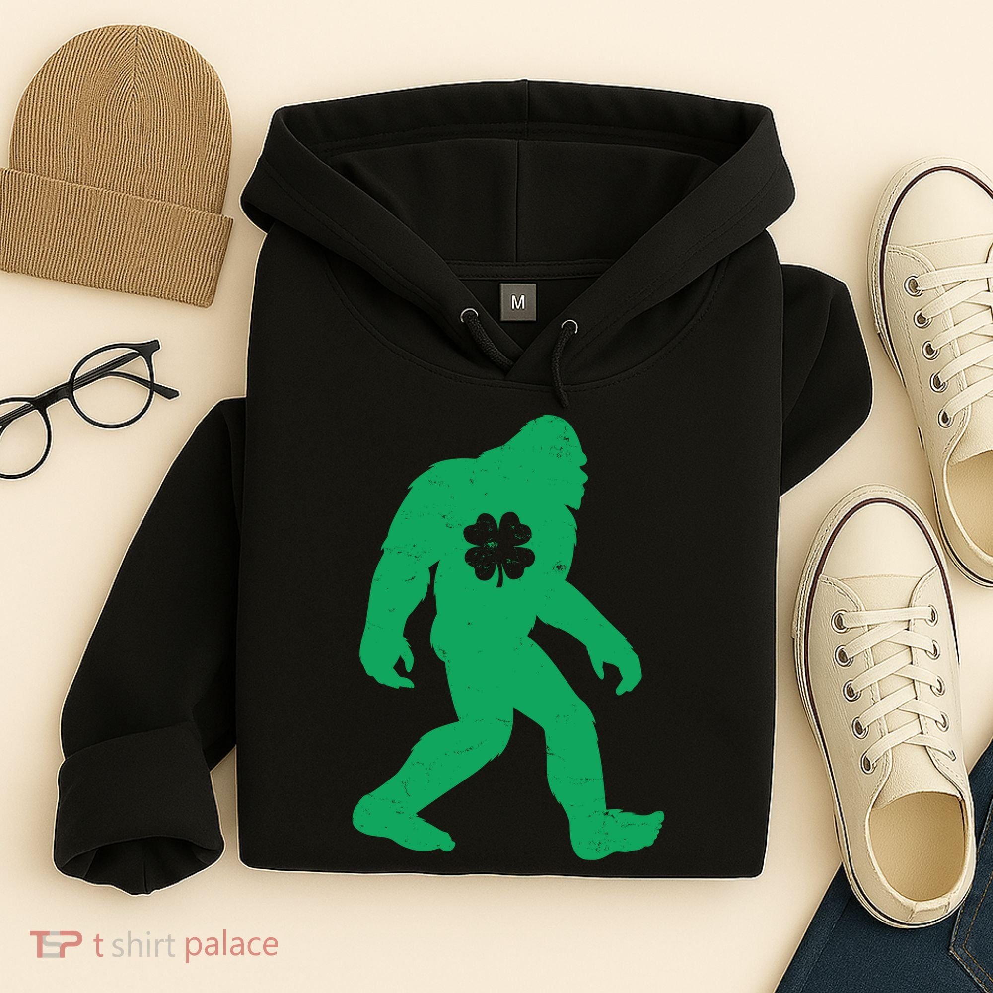 St Patricks Day Lucky Shamrock Clover Big Foot Sasquatch Yeti Hoodie
