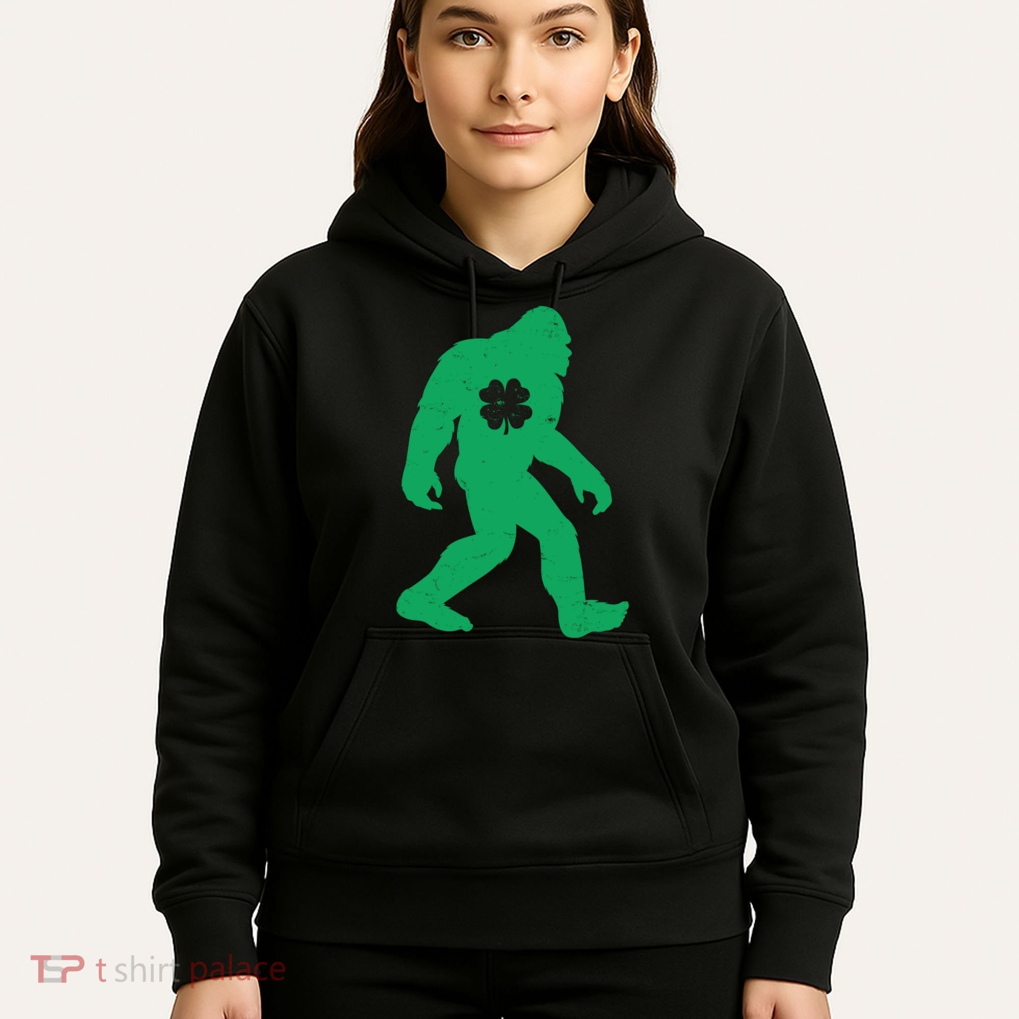 St Patricks Day Lucky Shamrock Clover Big Foot Sasquatch Yeti Hoodie