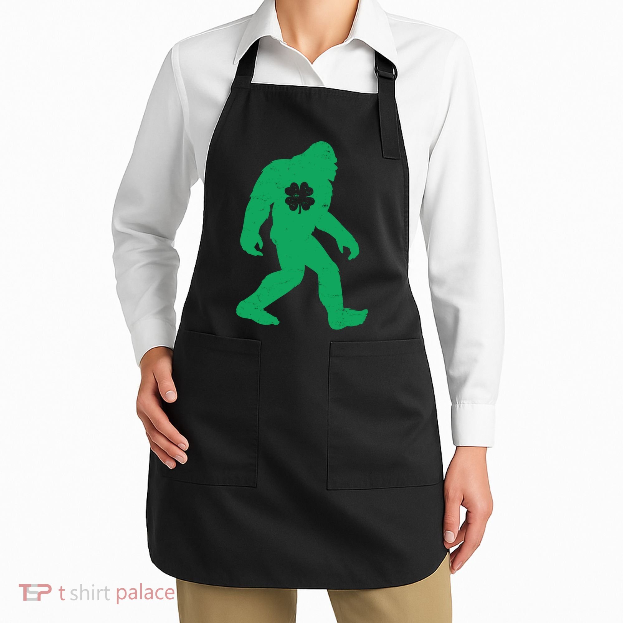 St Patricks Day Lucky Shamrock Clover Big Foot Sasquatch Yeti Apron