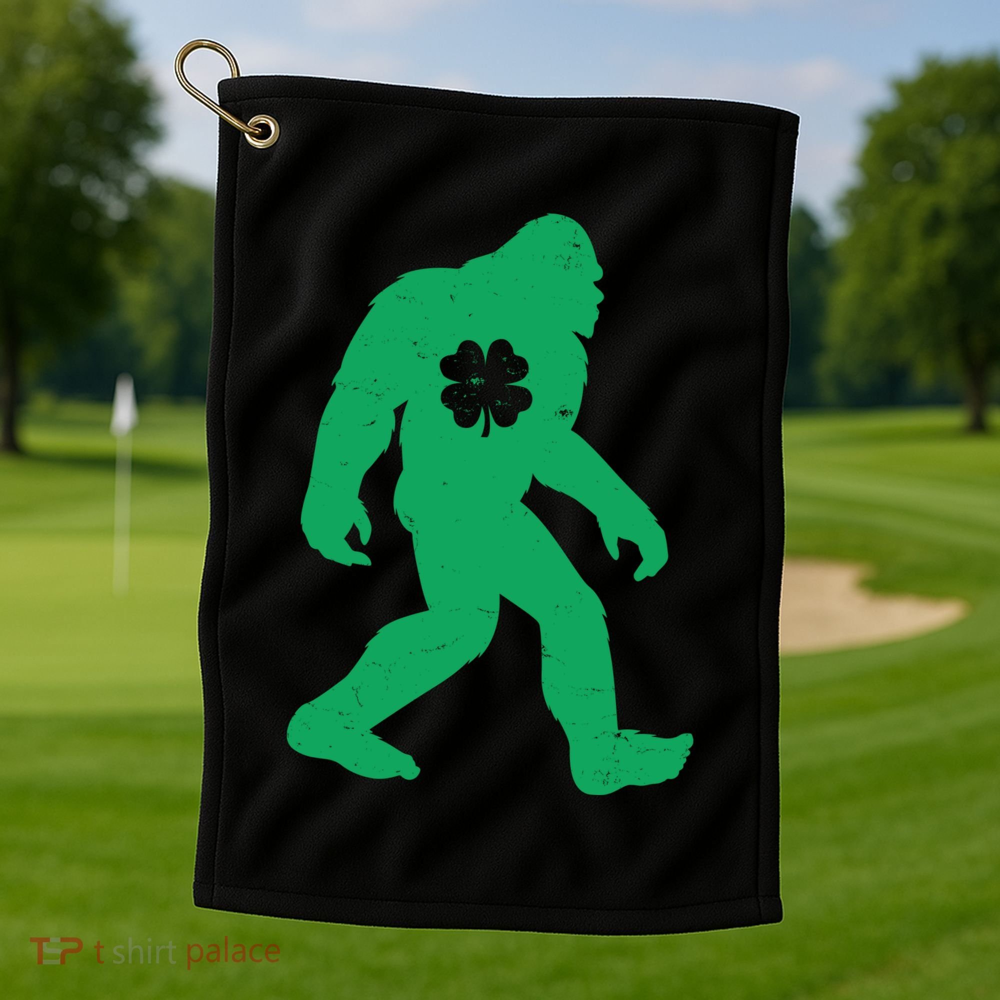 St Patricks Day Lucky Shamrock Clover Big Foot Sasquatch Yeti Golf Towel