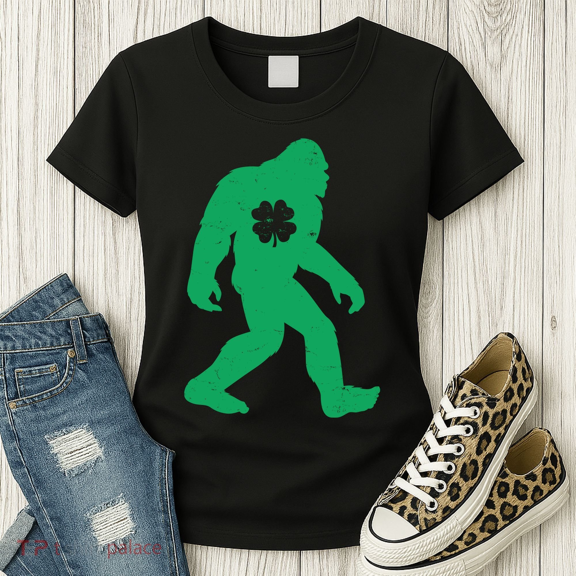 St Patricks Day Lucky Shamrock Clover Big Foot Sasquatch Yeti Women's T-Shirt