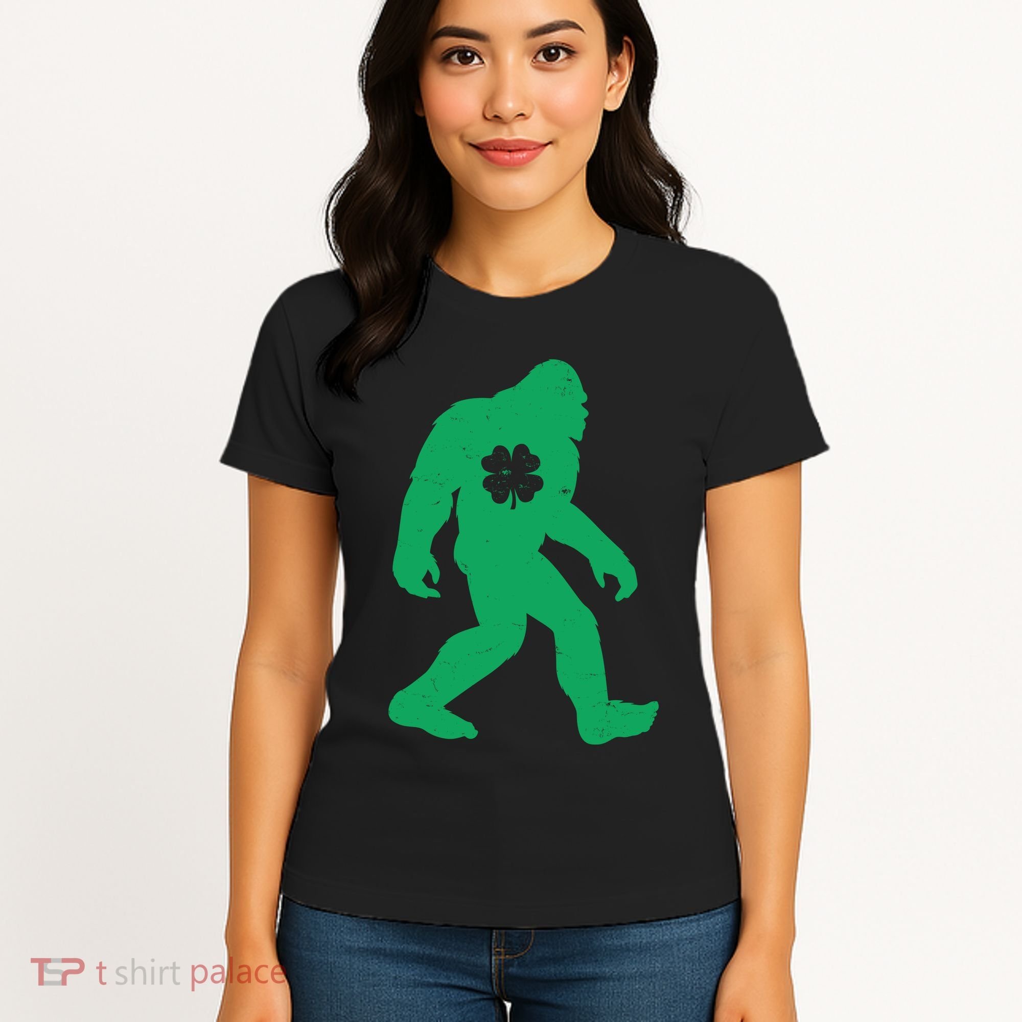 St Patricks Day Lucky Shamrock Clover Big Foot Sasquatch Yeti Women's T-Shirt