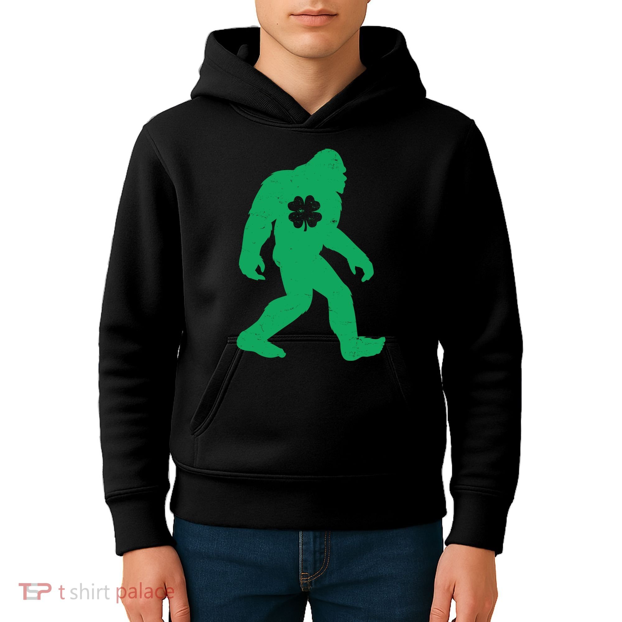 St Patricks Day Lucky Shamrock Clover Big Foot Sasquatch Yeti Kids Hoodie