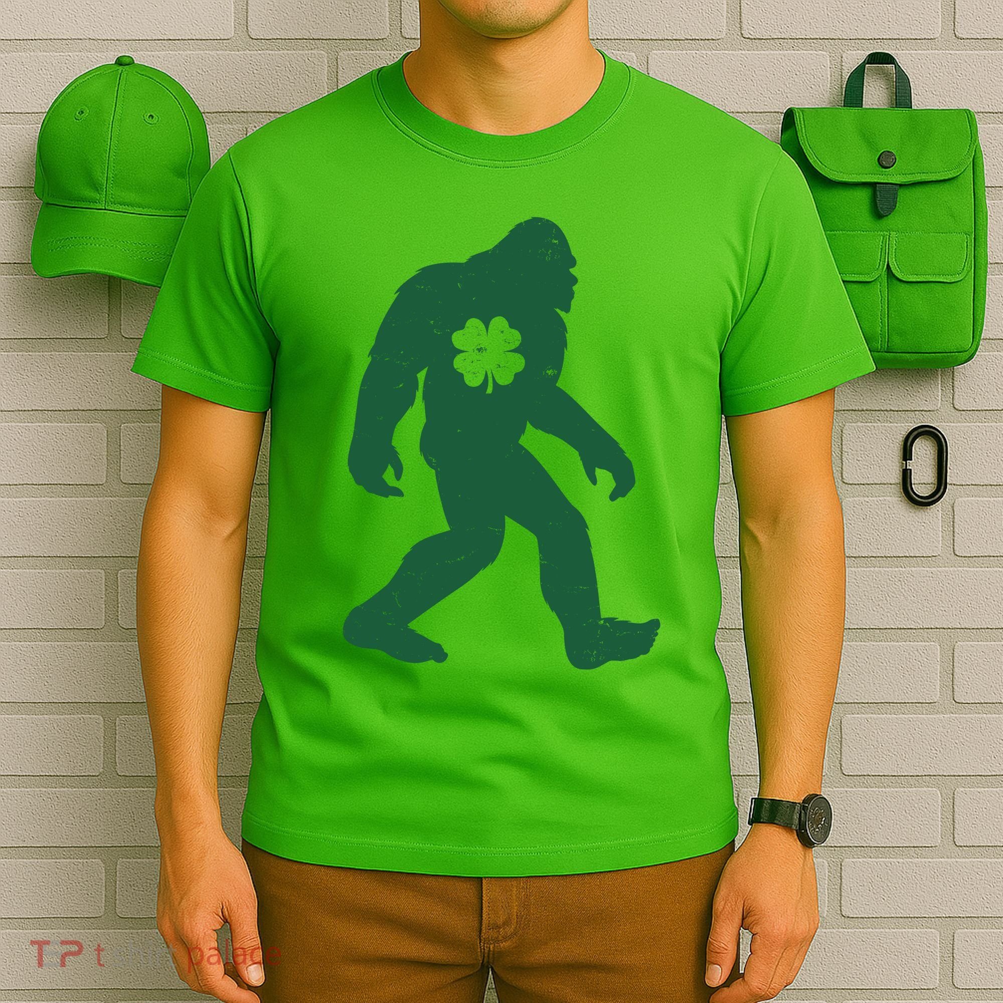 St Patricks Day Lucky Shamrock Clover Big Foot Sasquatch Yeti T-Shirt