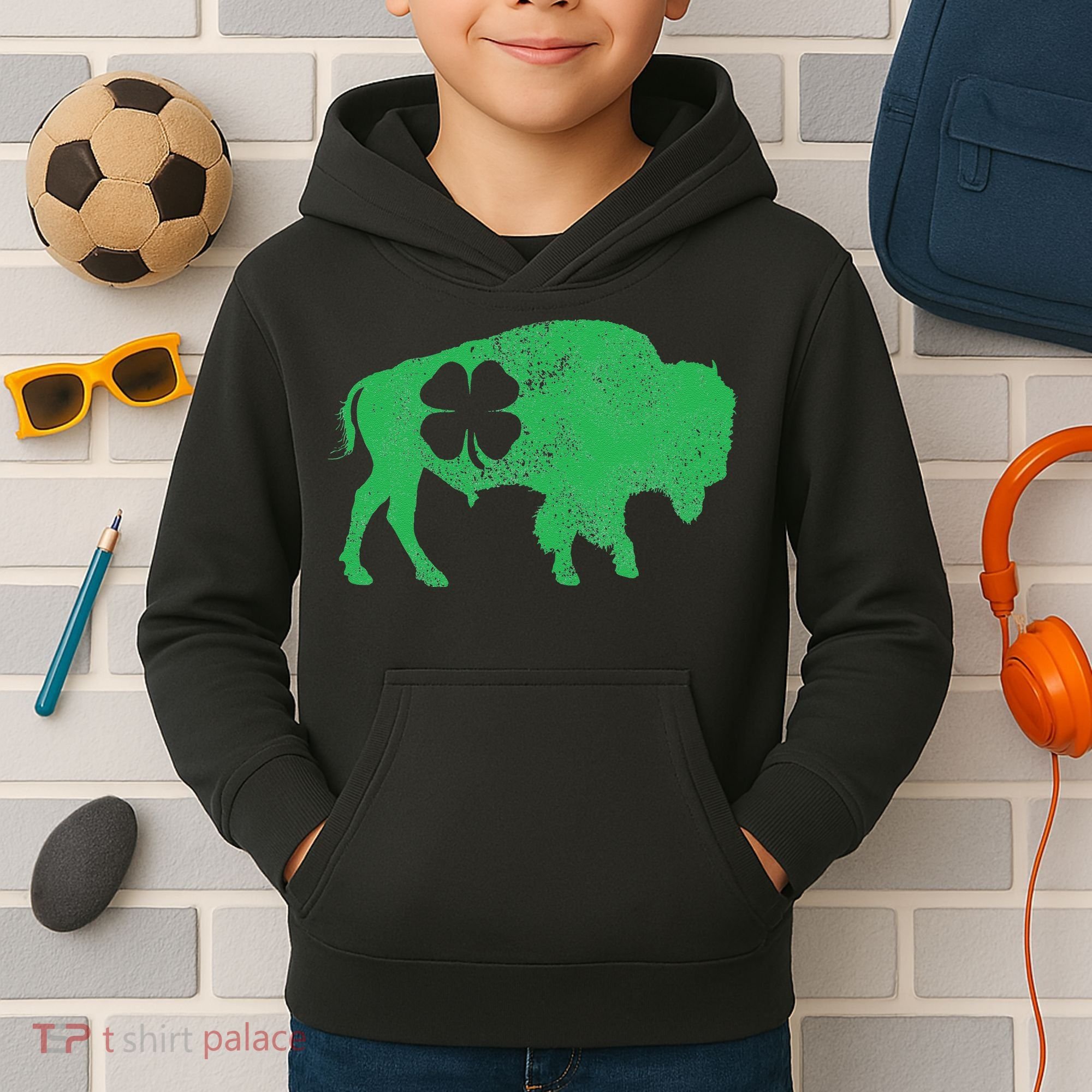 St. Patrick's Day Green Shamrock Buffalo Bison Irish Saint Kids Hoodie