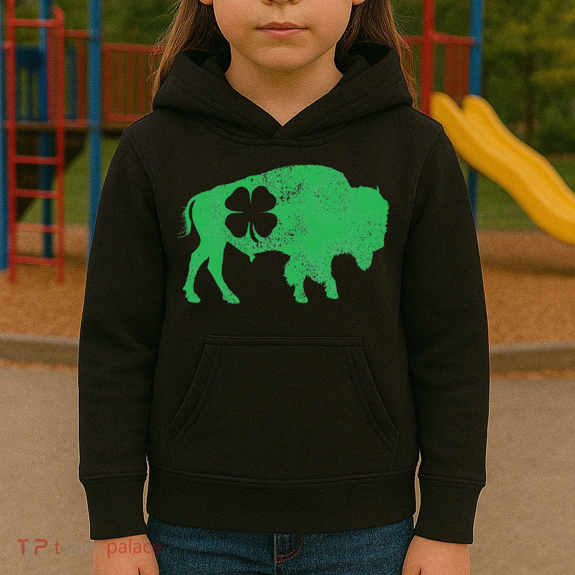 St. Patrick's Day Green Shamrock Buffalo Bison Irish Saint Kids Hoodie