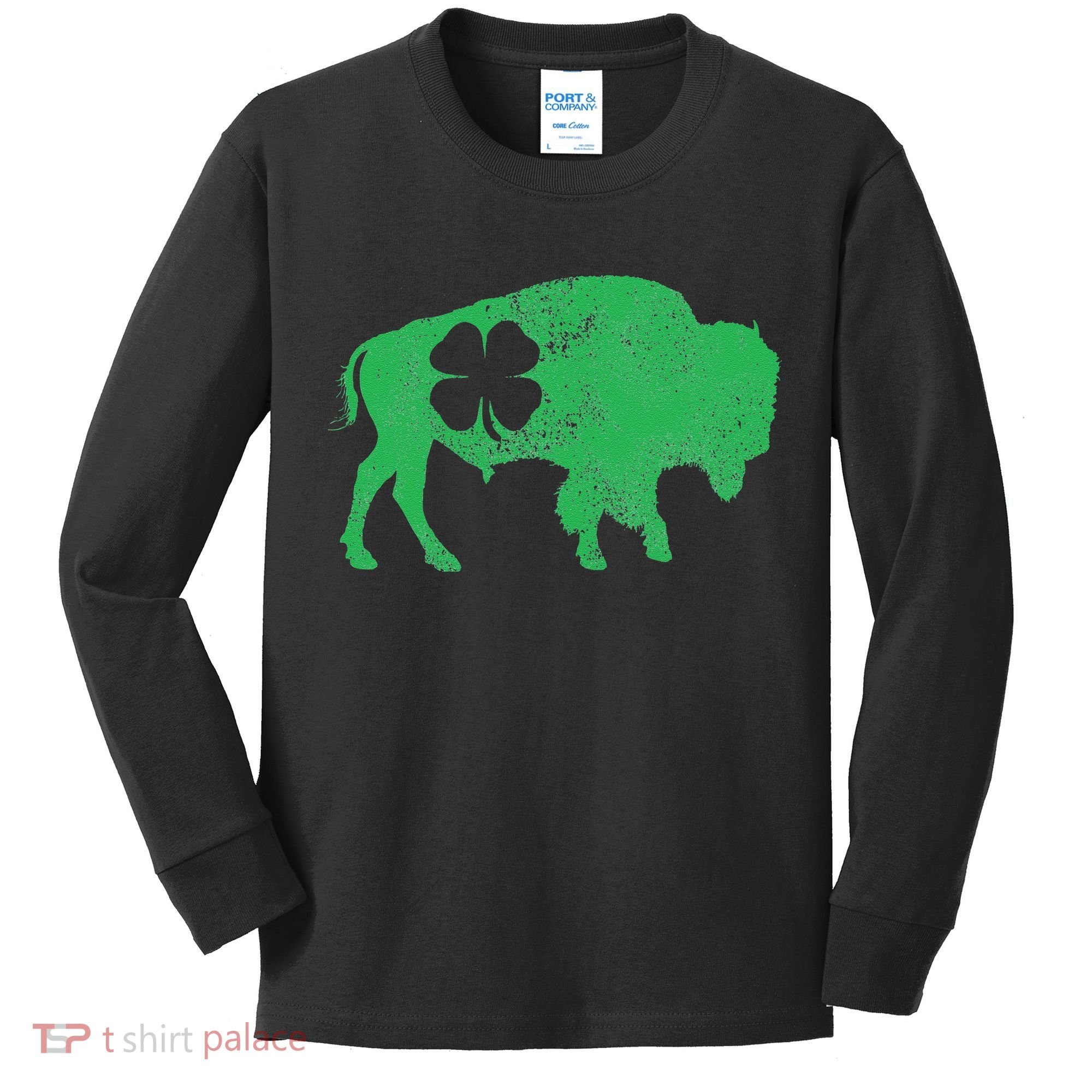 St. Patrick's Day Green Shamrock Buffalo Bison Irish Saint Kids Long Sleeve Shirt
