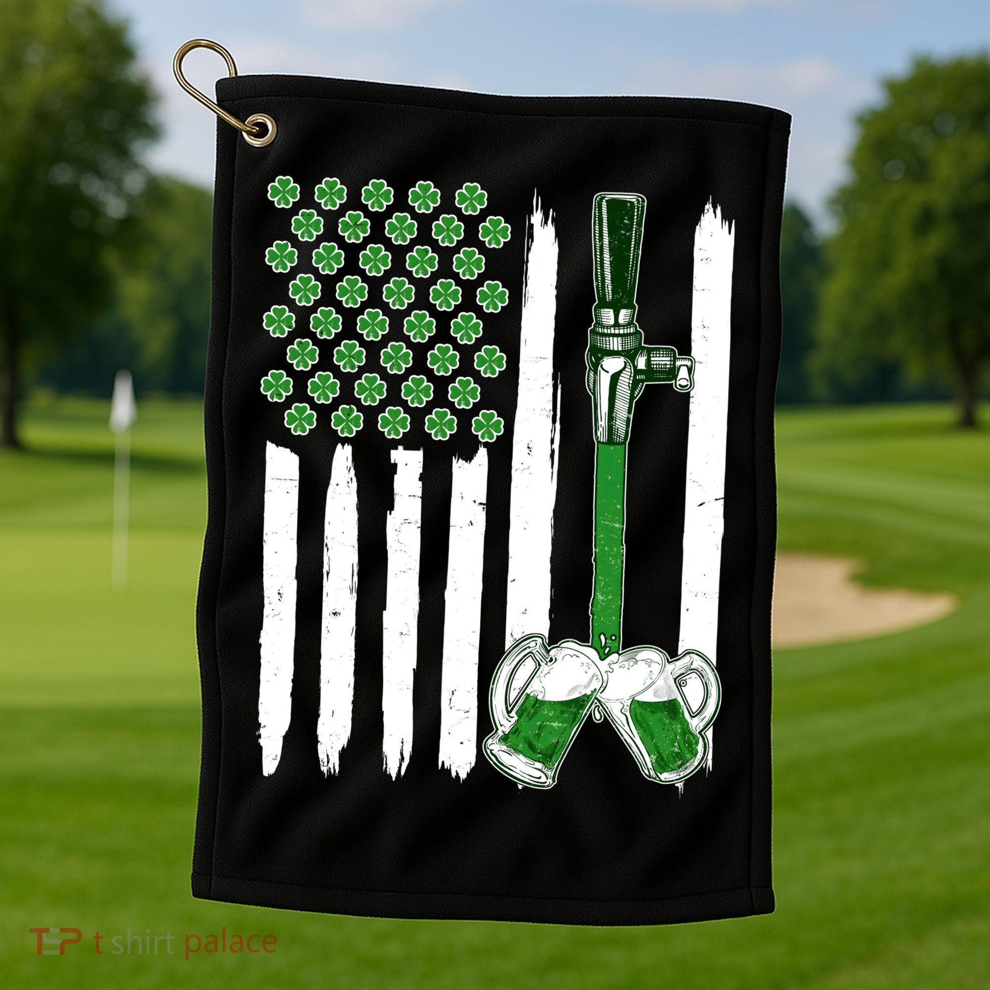 St. Patrick's Day Beer Tap USA American Flag Golf Towel