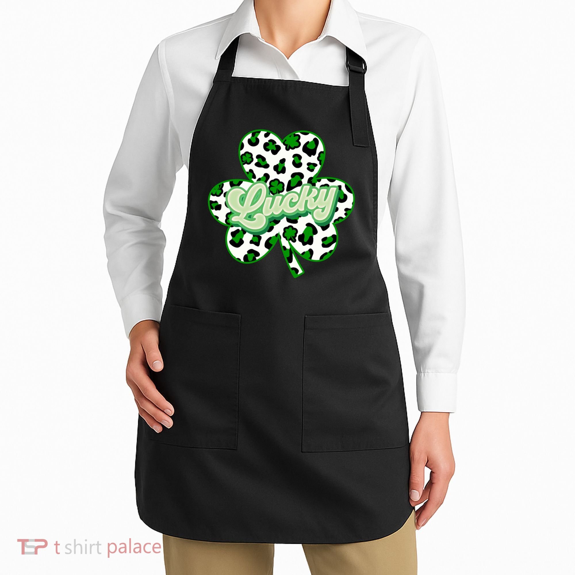 St Patricks Day Lucky Leopard Print Shamrock Clover Apron
