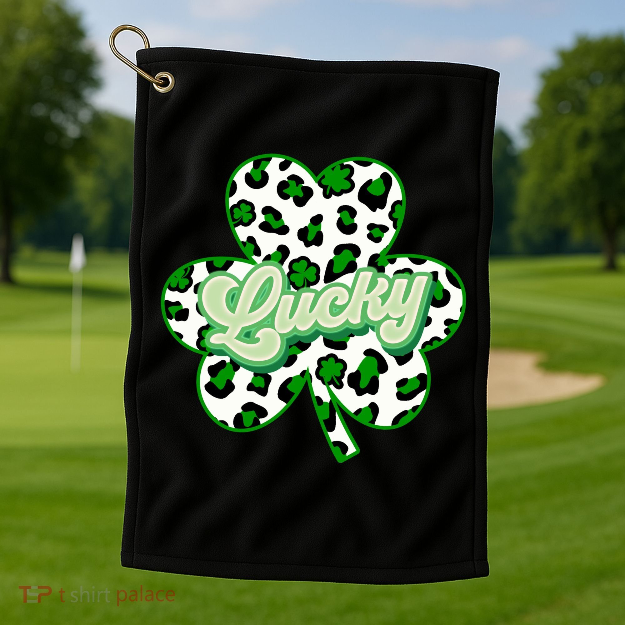 St Patricks Day Lucky Leopard Print Shamrock Clover Golf Towel