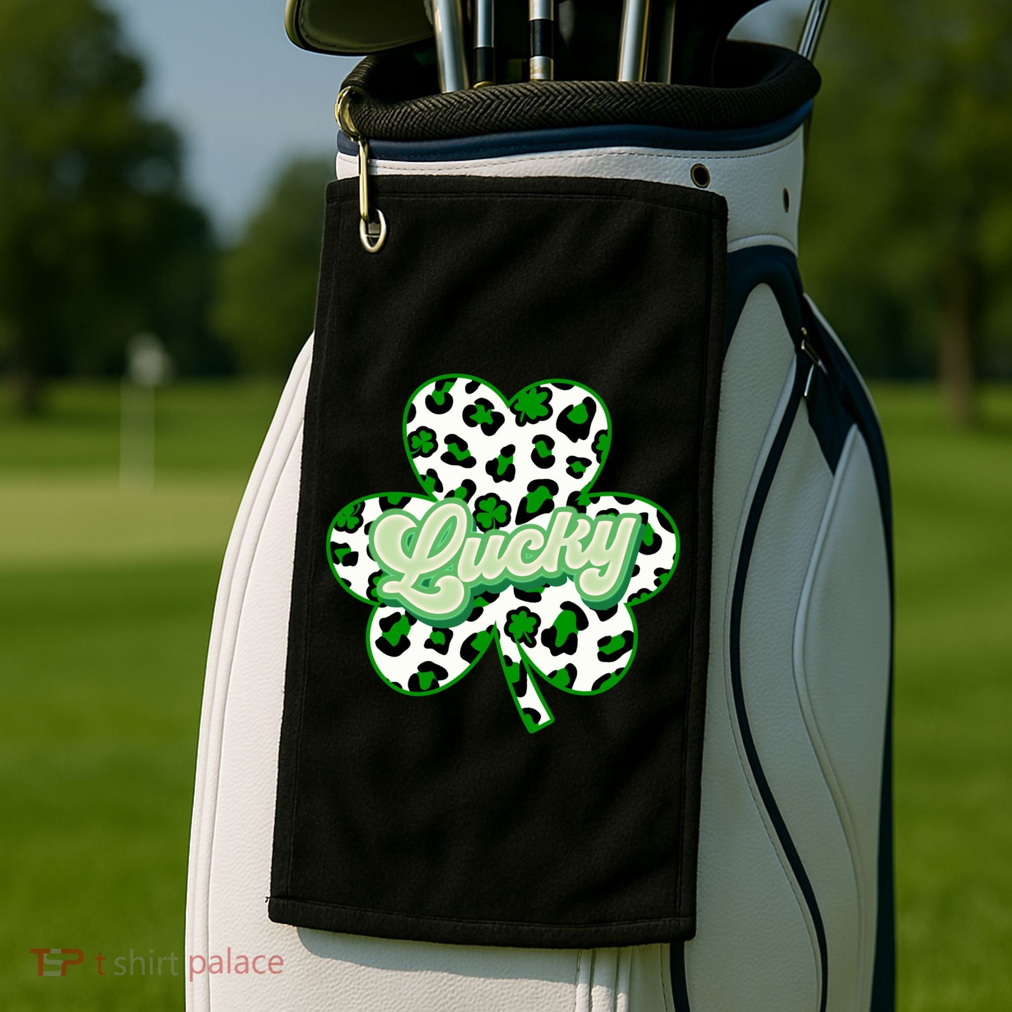 St Patricks Day Lucky Leopard Print Shamrock Clover Golf Towel