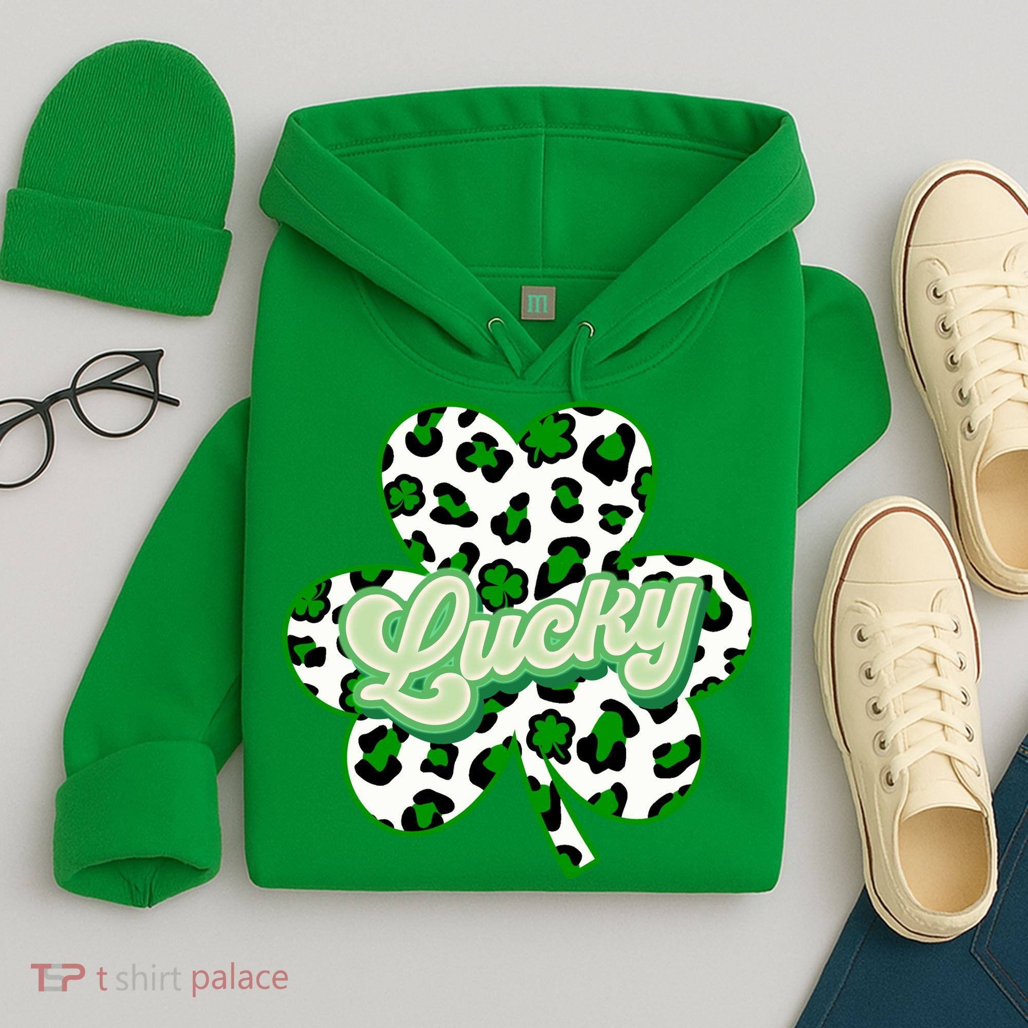 St Patricks Day Lucky Leopard Print Shamrock Clover Hoodie