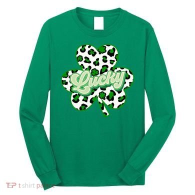 St Patricks Day Lucky Leopard Print Shamrock Clover Long Sleeve Shirt