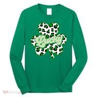 St Patricks Day Lucky Leopard Print Shamrock Clover Long Sleeve Shirt thumb 0