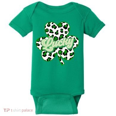 St Patricks Day Lucky Leopard Print Shamrock Clover Baby Bodysuit