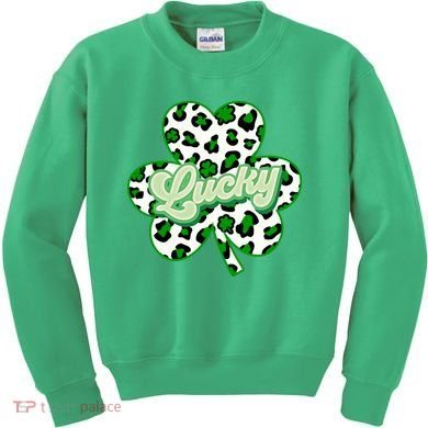 St Patricks Day Lucky Leopard Print Shamrock Clover Kids Sweatshirt