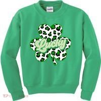 St Patricks Day Lucky Leopard Print Shamrock Clover Kids Sweatshirt thumb 0